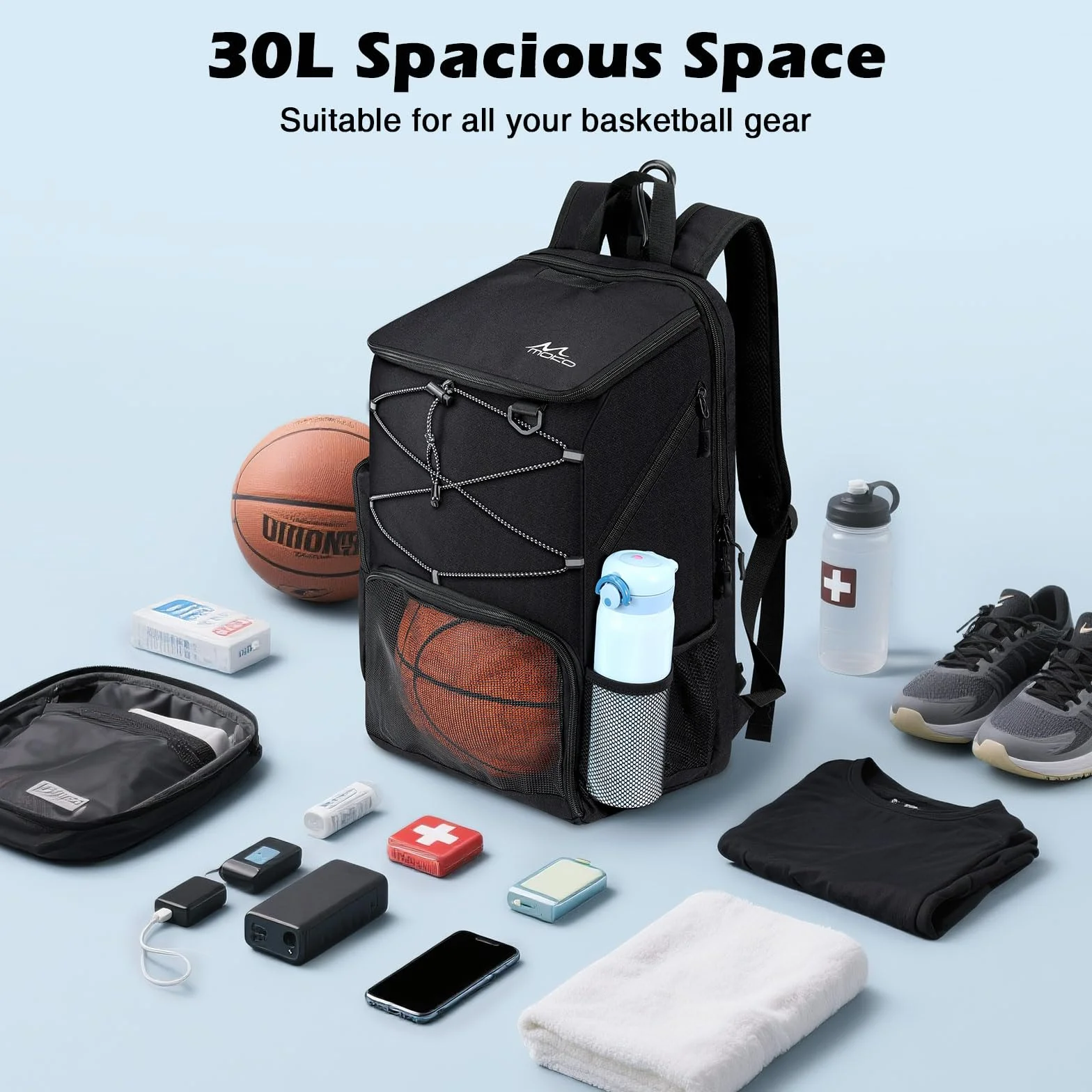MoKo Sac de basket-ball avec sac à chaussures respirant, plusieurs poches et crochet de clôture caché