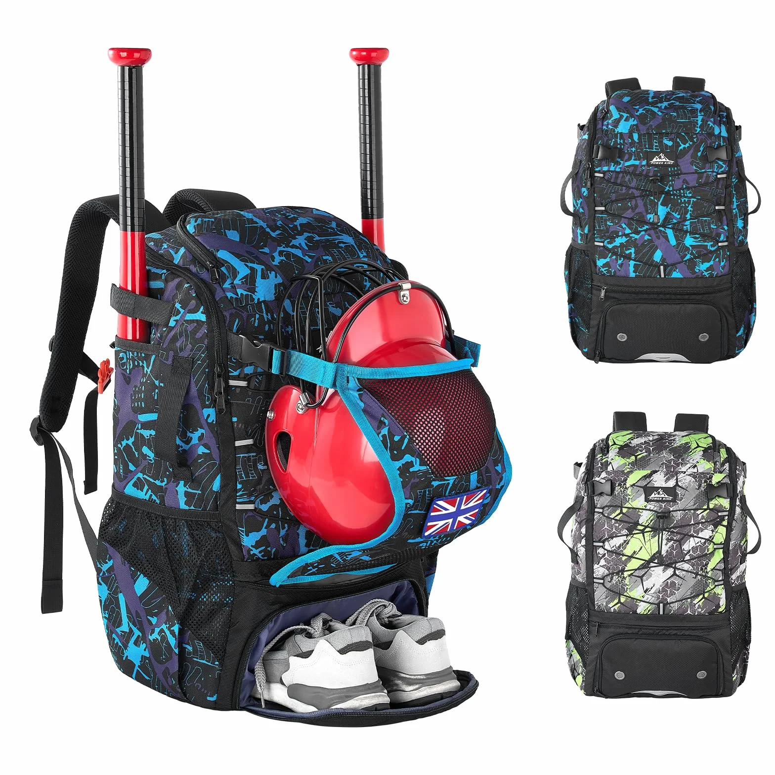 Power King 45L Youth Baseball Bat Bag Large Capacity Backpack with Shoe Compartment Fence Hook Helmet Holder