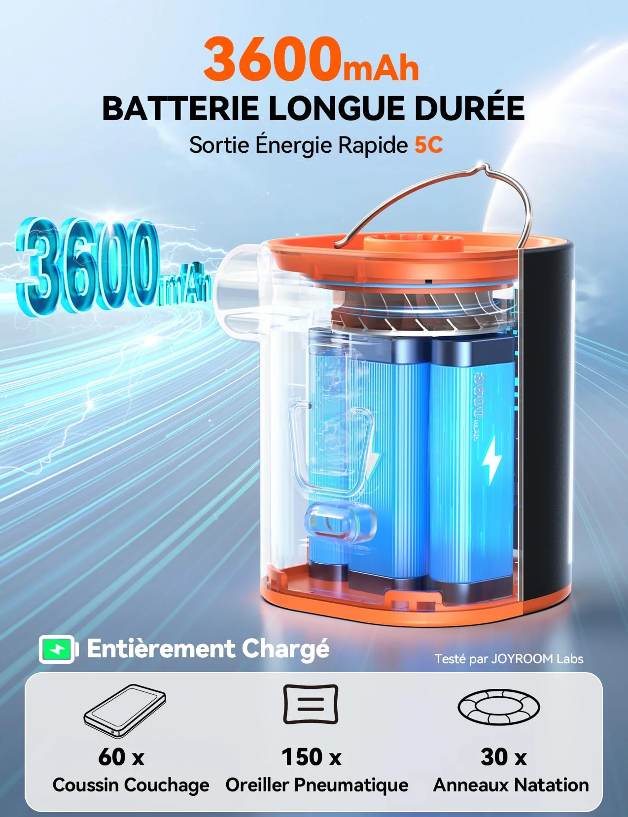 JOYROOM Pompe Matelas Gonflable Mini 4,8 kPa Rechargeable 3600 mAh 6 Buses