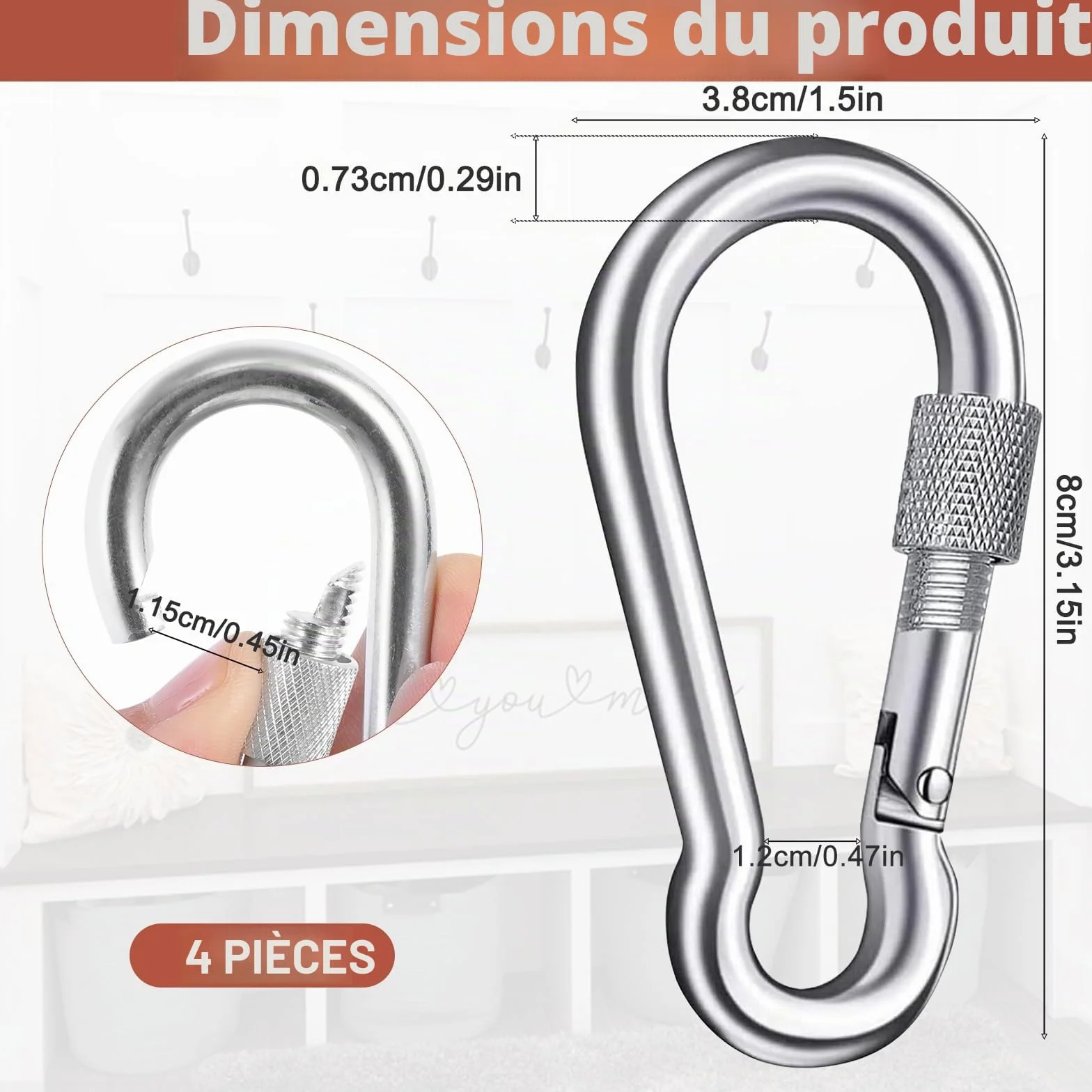 Mousquetons en acier inoxydable 200 kg à vis 38 x 80 mm lot de 4