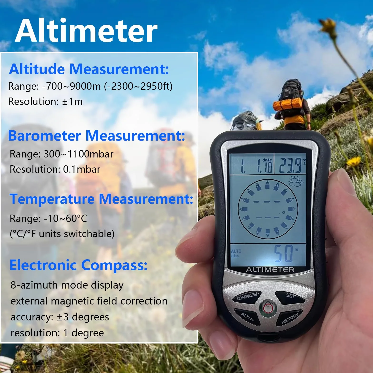 Altimètre numérique 8 en 1 baromètre boussole thermomètre pour alpinisme extérieur 2300-29500 pi 1100 mbar