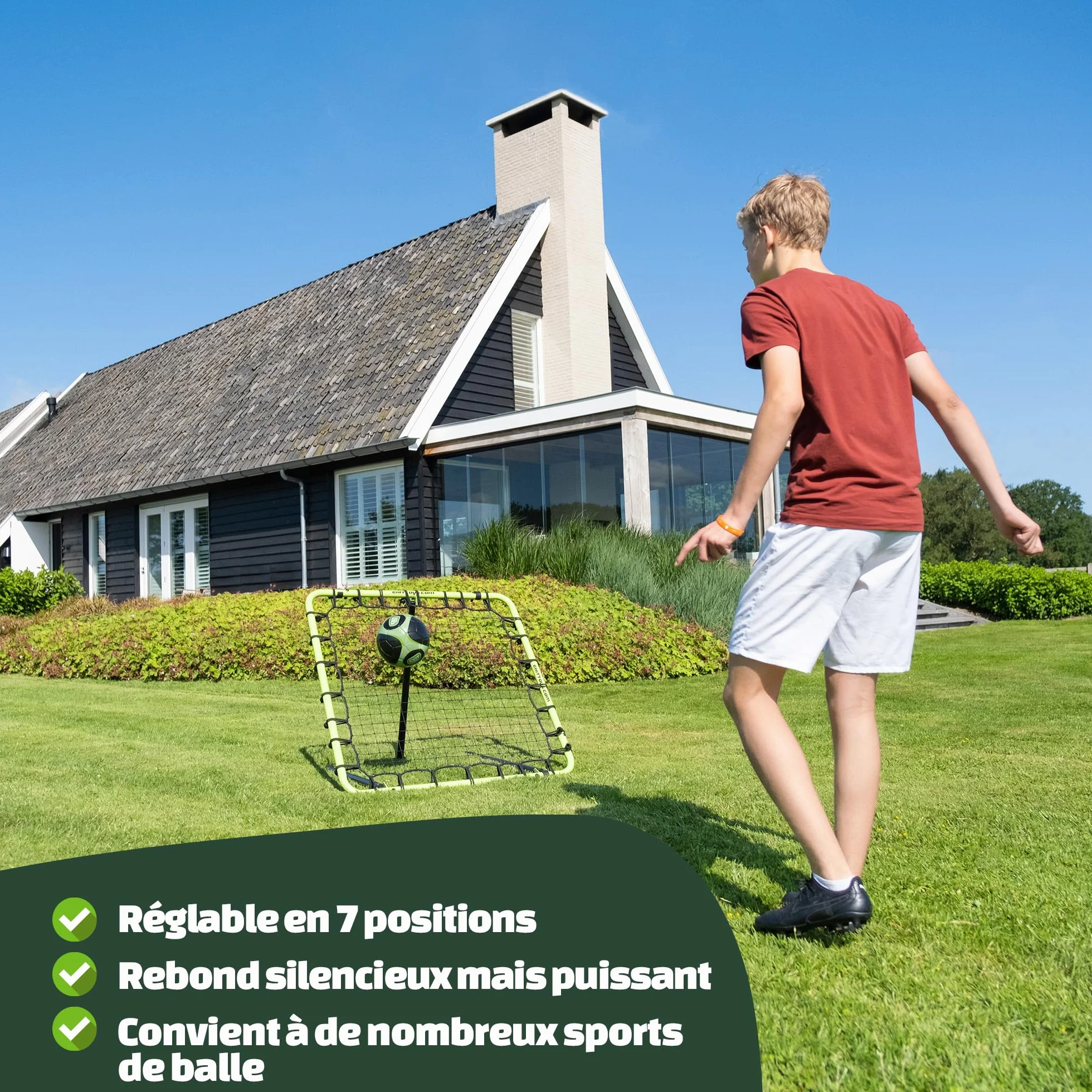EXIT Toys Filet de Rebond Multisport 120 x 120 cm Réglable 8 Positions Volleyball Tchoukball Handball Rebounder Vert/Noir