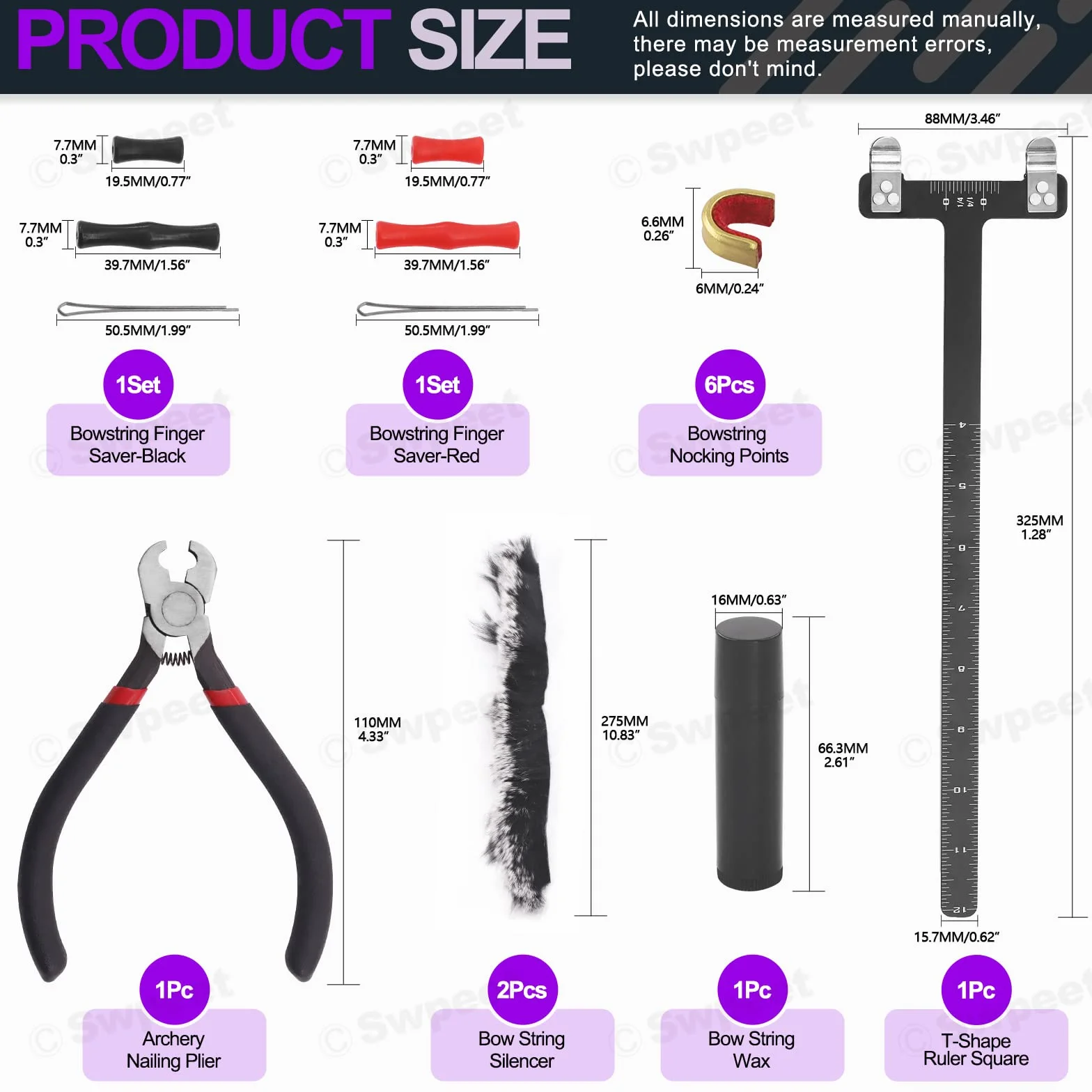 Kit de 17 pièces d'outils pour corde d'arc, pince à boucle, règle carrée en T, cire et silencieux