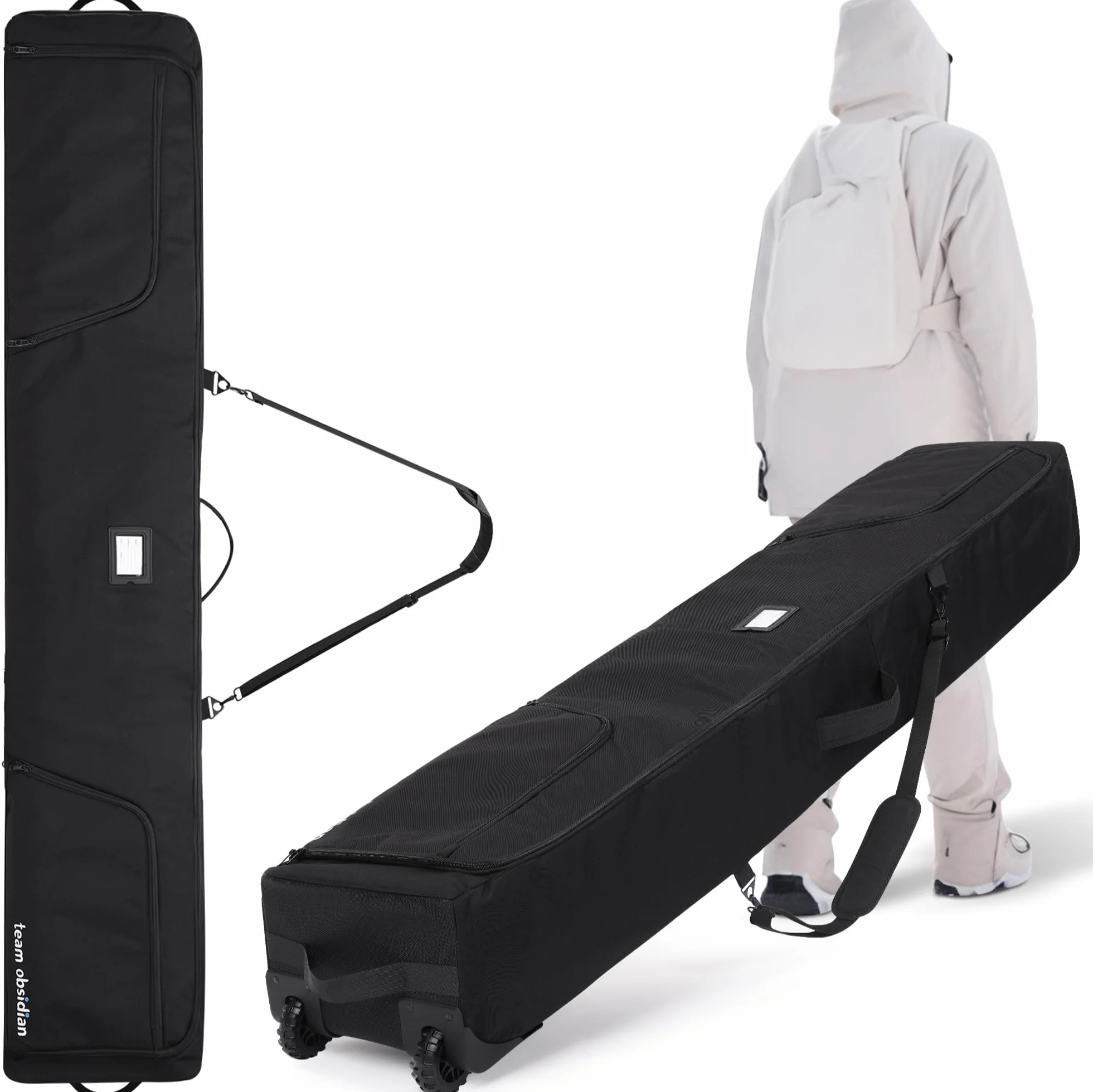 Sac pour Skis TeamObsidian Jusqu'à 175 cm Housse avec Bandoulière Amovible Roulettes Rembourrage Mousse 10 mm