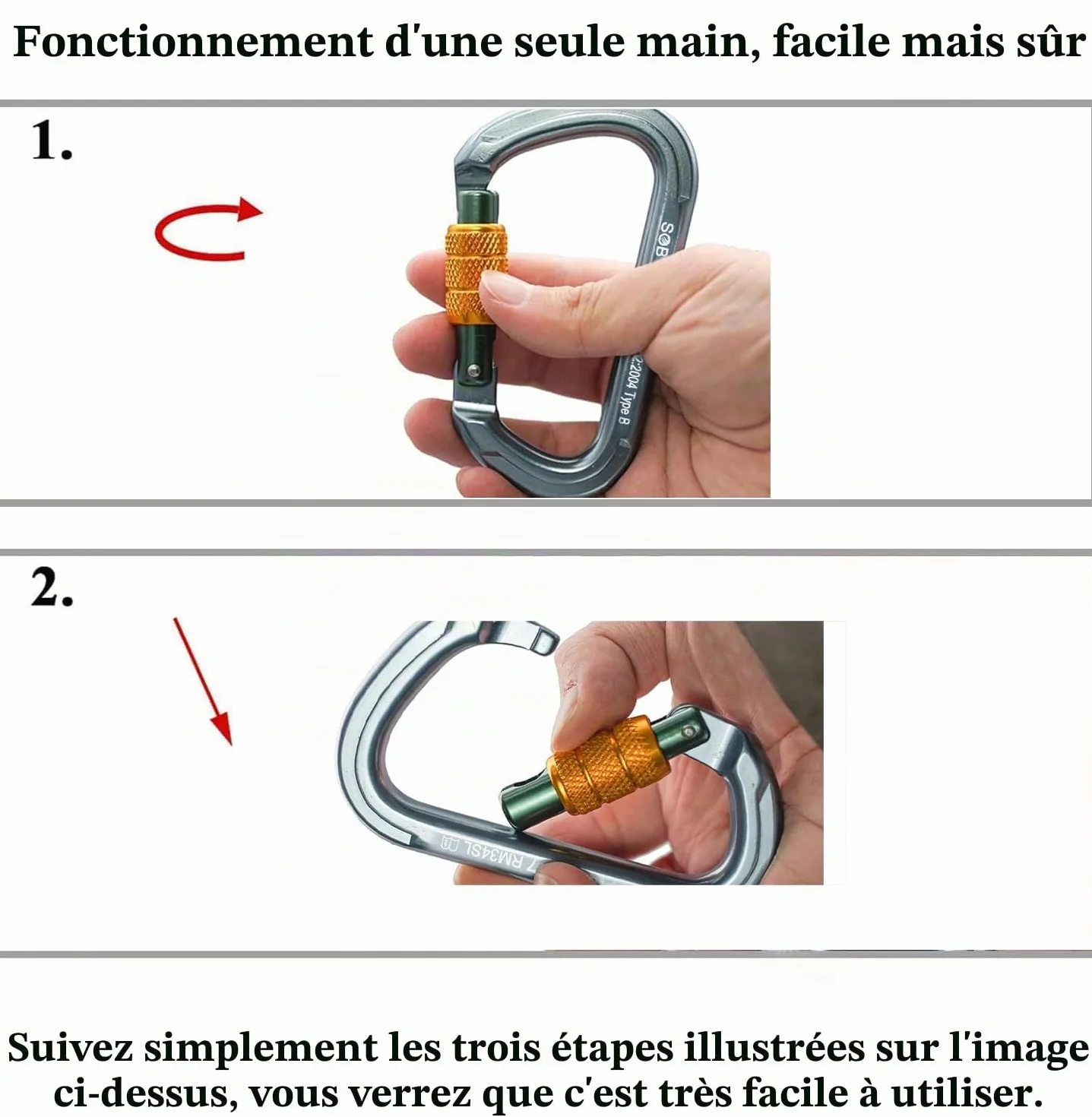 Mousquetons Escalade Verrouillage Automatique Aluminium CE 2 Pièces