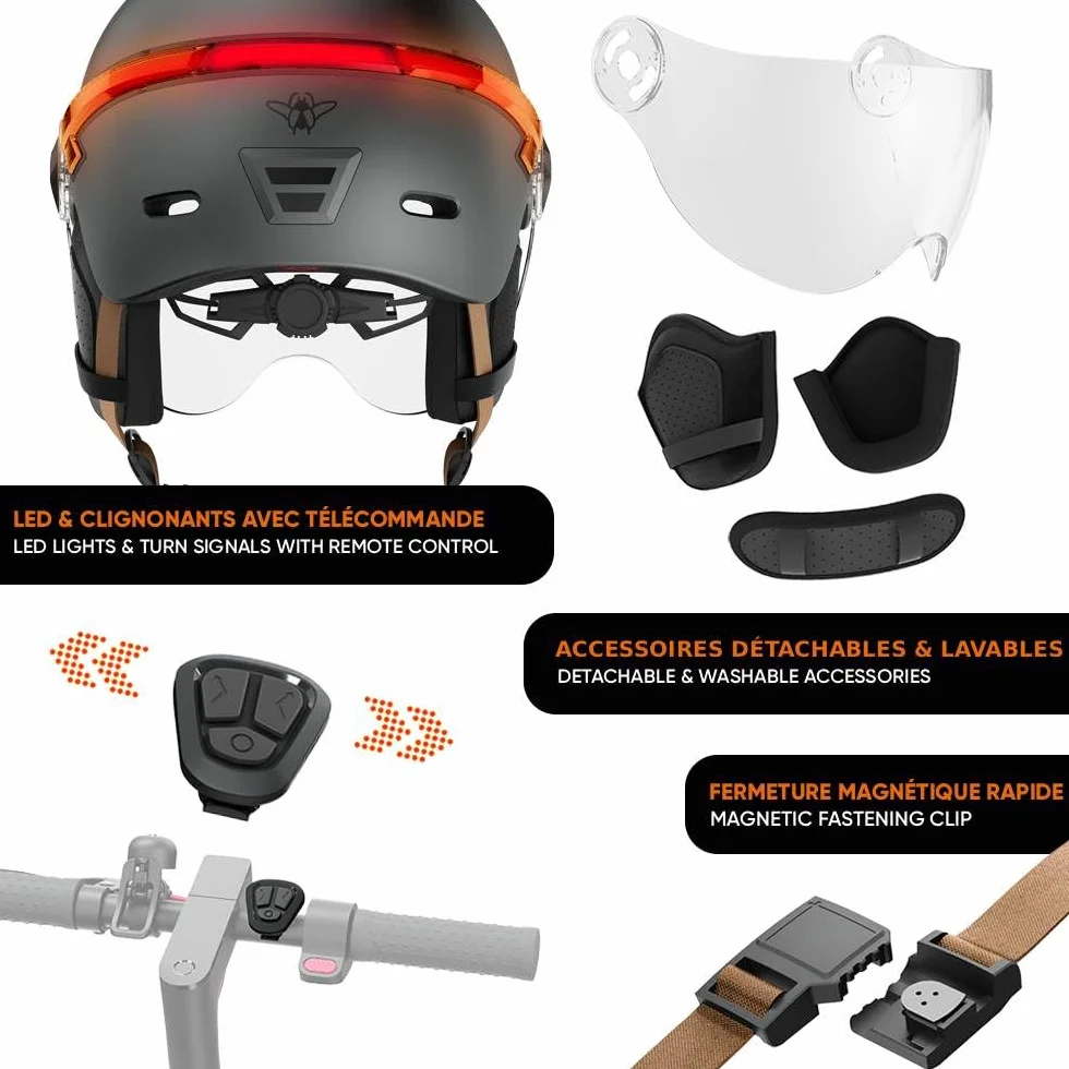 CASR Glow Casque LED Vélo Trottinette Visière XL Cache-Oreilles Amovibles Clignotants Télécommande Gris Taille L