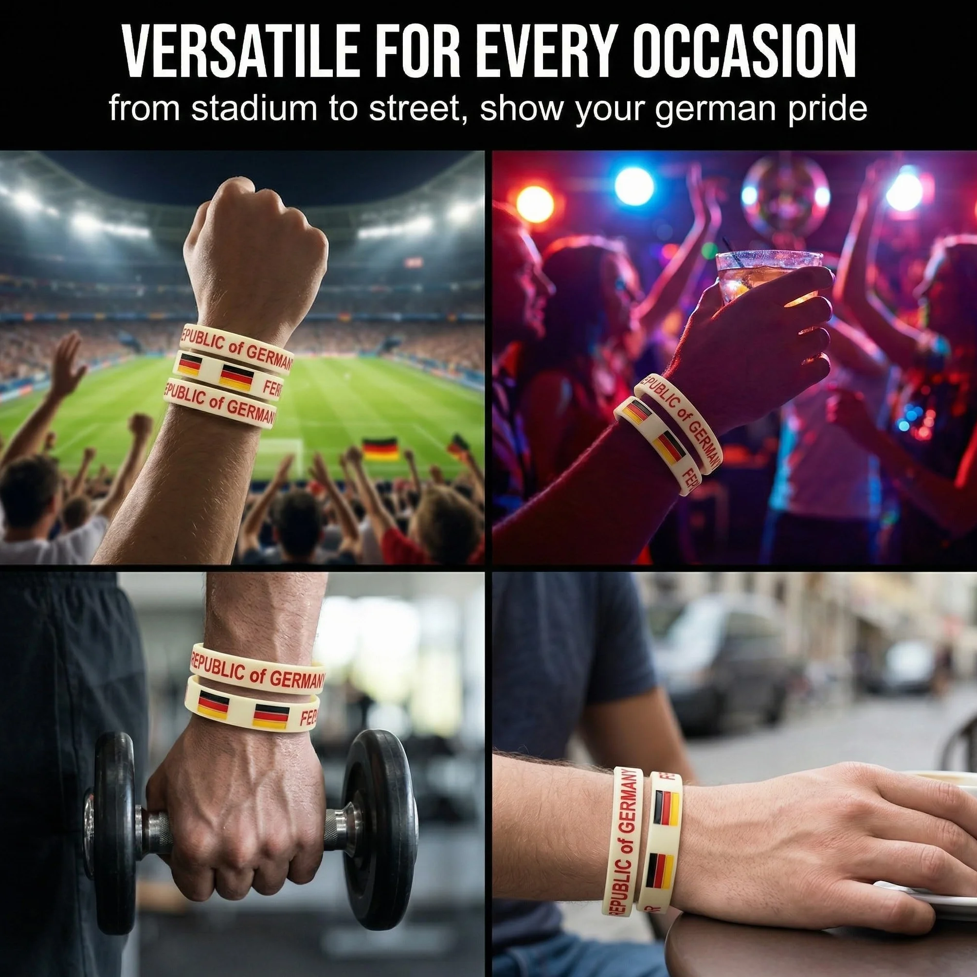 Bracelets Allemagne Silicone 20cm Lot de 3 - Accessoire Drapeau Allemand Football