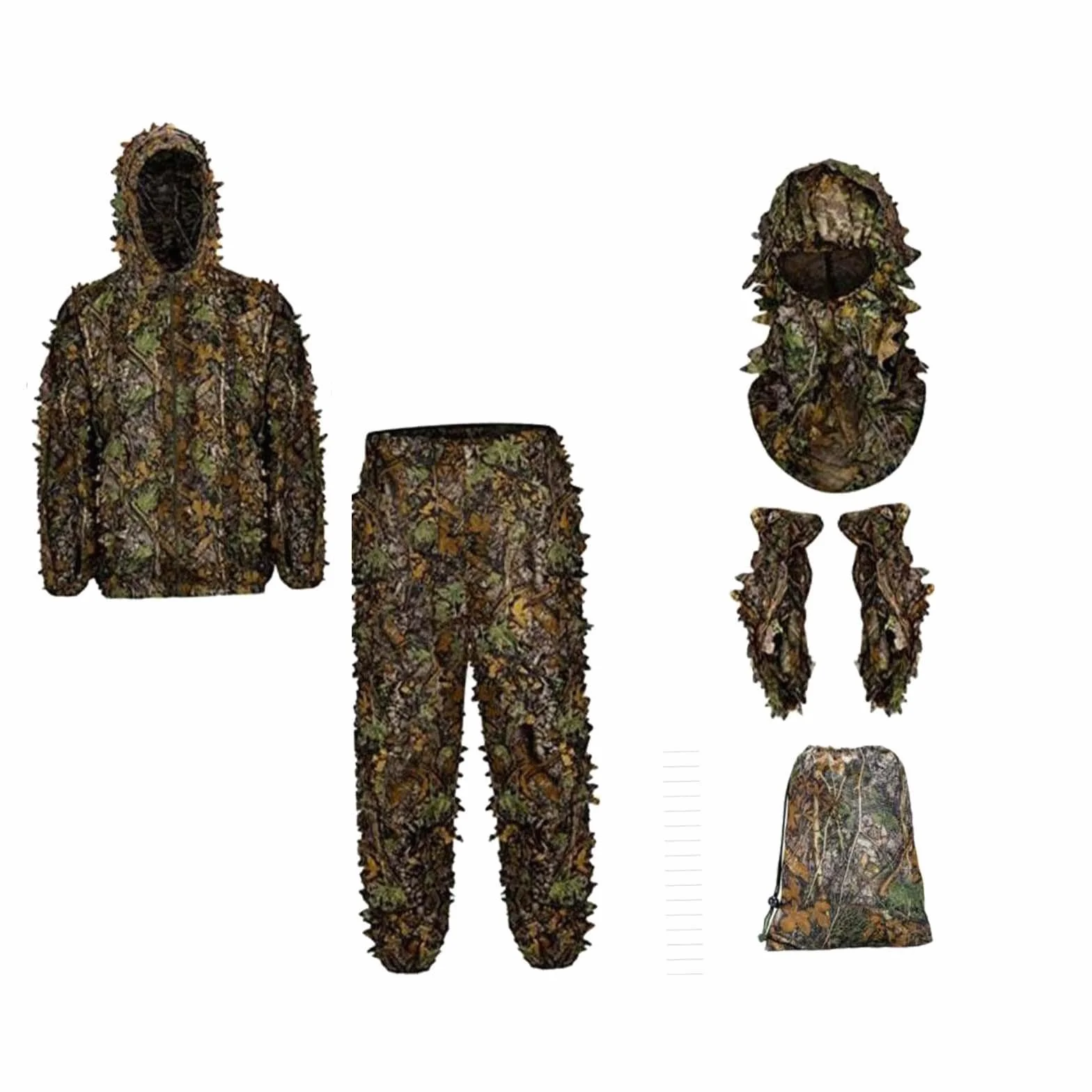 Milageto Ghillie Suit Set Woodland Camouflage 3D Leafy Hunting Costume for Outdoor Game, M L