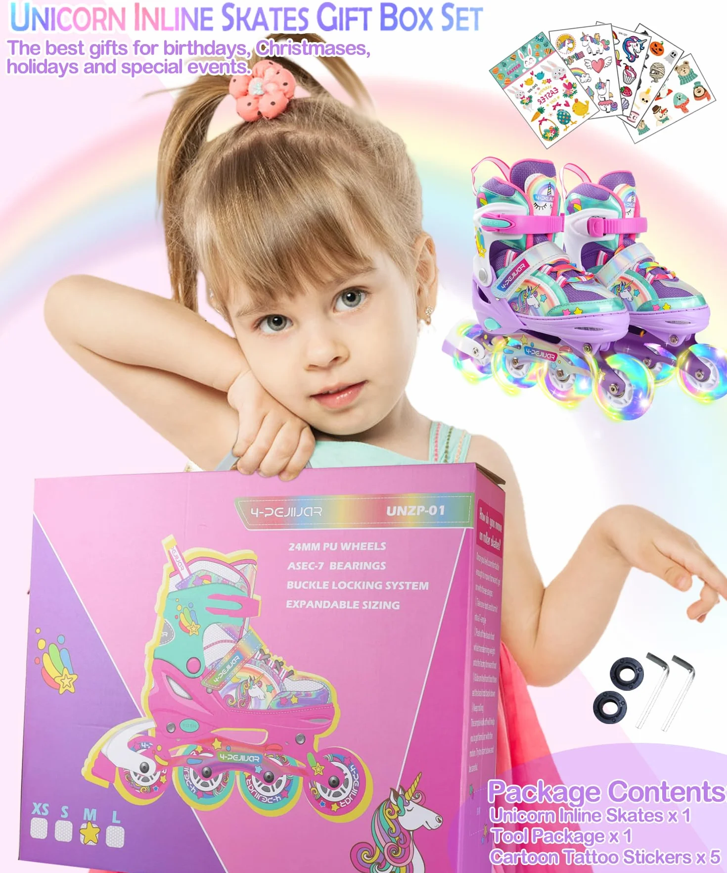 Licorne Rollers Enfant Roues Lumineux Patins à Roulettes Alignées Taille Ajustable Quad Filles Débutants