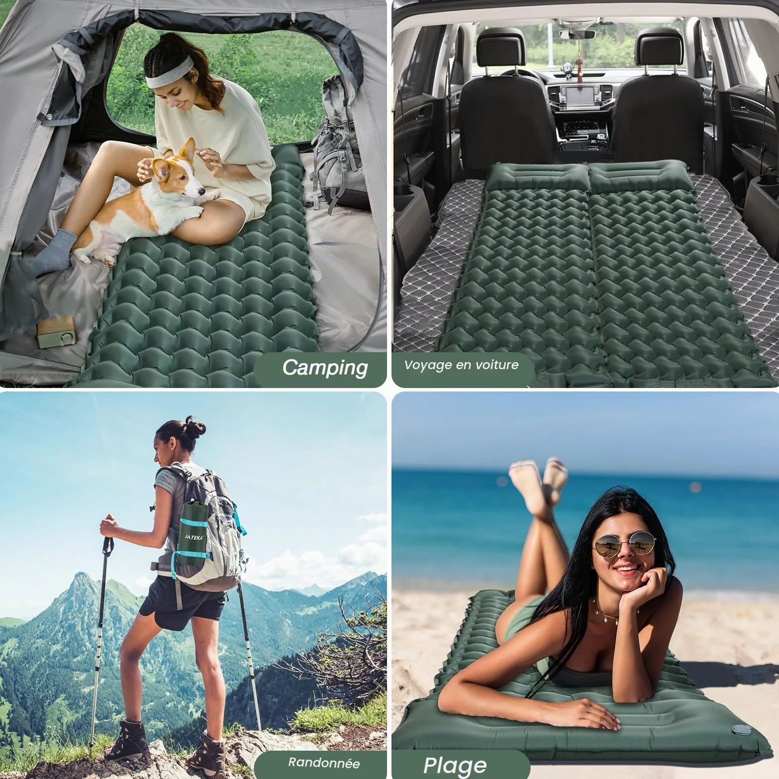 JATEKA Matelas Gonflable 1 Place Ultra Léger avec Pompe à Pied et Oreiller, Résistant à l'eau Portable Vert Militaire