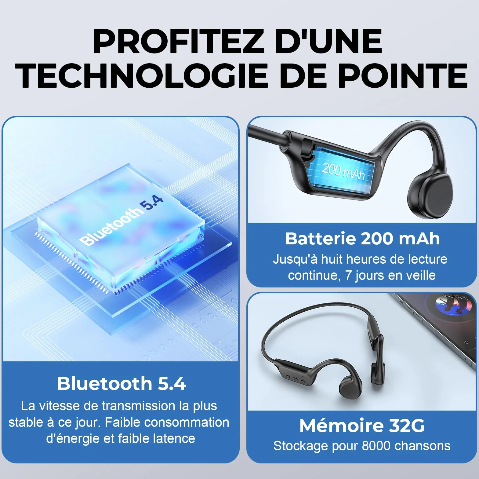 Casque Conduction Osseuse Bluetooth 5.4, Mémoire 32 Go Intégrée, Lecteur MP3 Étanche IPX8, 10 Heures de Jeu, Écouteur Natation sans Fil