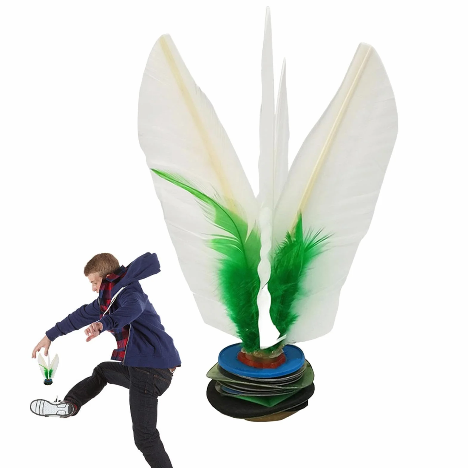 Chinese Jianzi Shuttlecock - White Feathers Foot Kick Handwheel Fitness Sports Outdoor Toy for Kids Adults