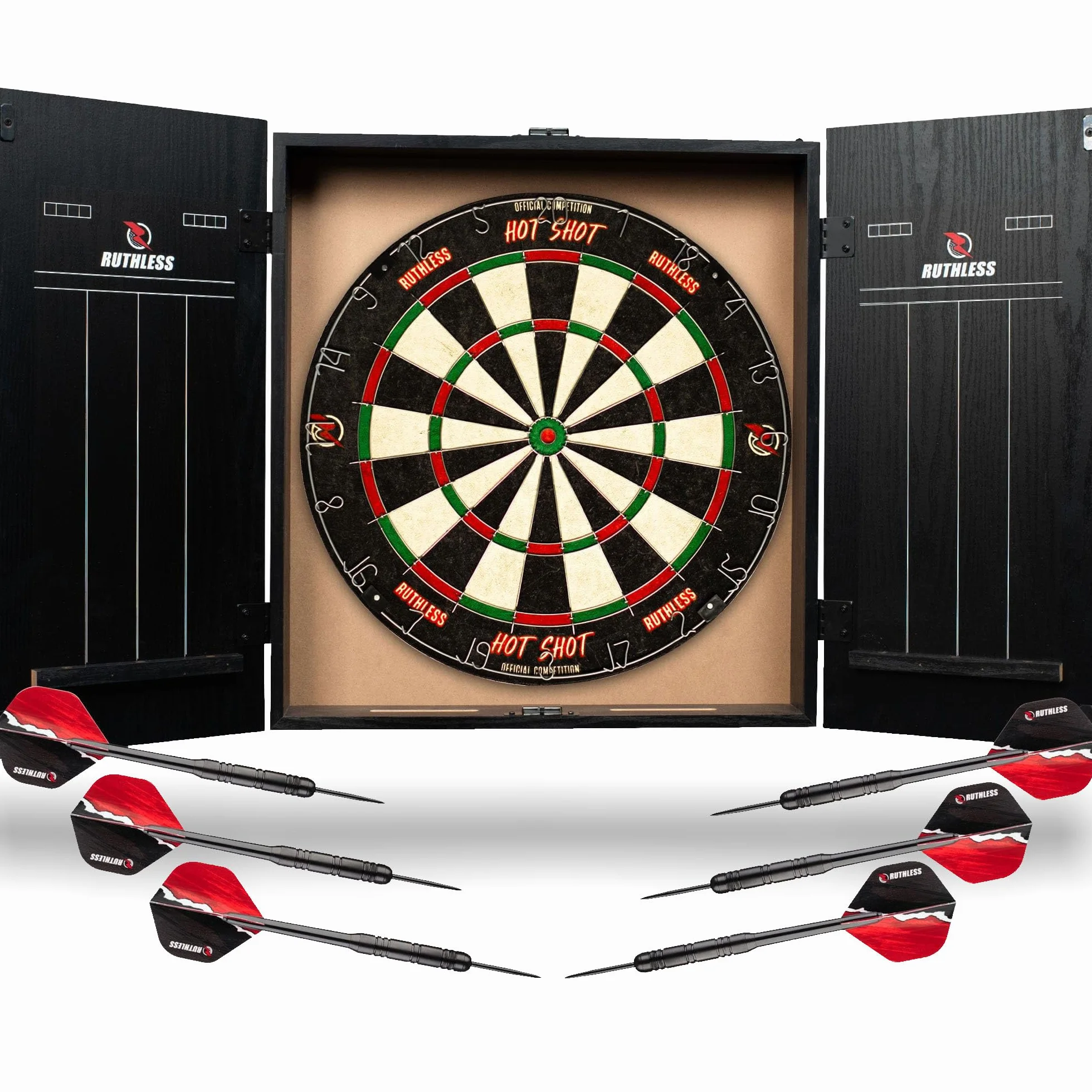 Cible de fléchettes avec armoire Ruthless Home Darts Centre CAB518 2 jeux de fléchettes