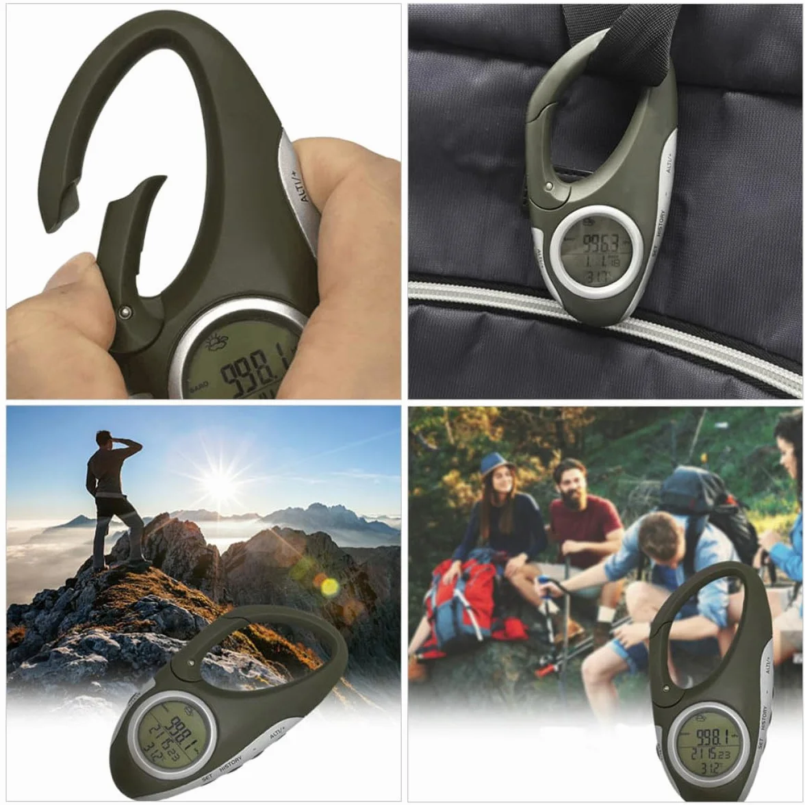 Altimètre Baromètre Thermomètre à Mousqueton Vert ABS Portable Mesure Pression Atmosphérique Altitude Randonnée