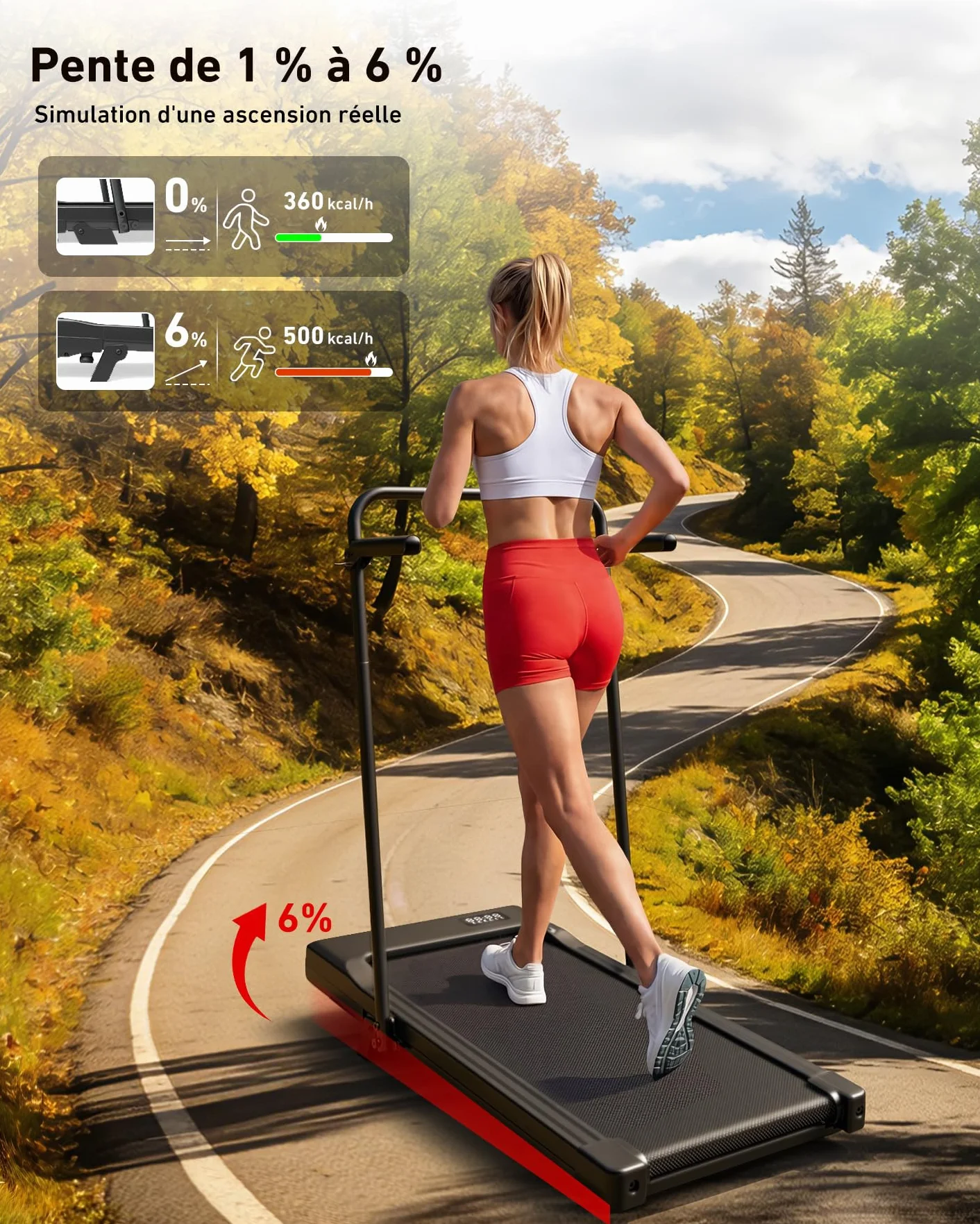 Tapis de Course Inclinable 2.5HP 1-12km/h APP Contrôle Max 136KG Walking Pad Portable