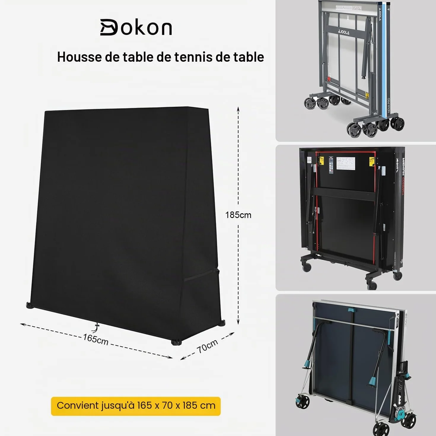 Dokon Housse de Protection Table de Ping Pong Exterieur Imperméable Tissu Oxford 420D 165x70x185cm Noir