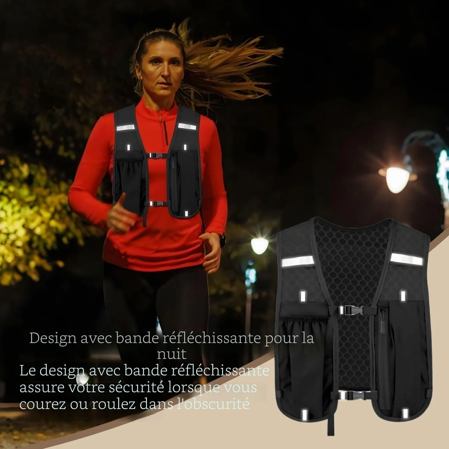 Gilet de course homme femme hydratation 500ml réfléchissant support téléphone portable randonnée cyclisme