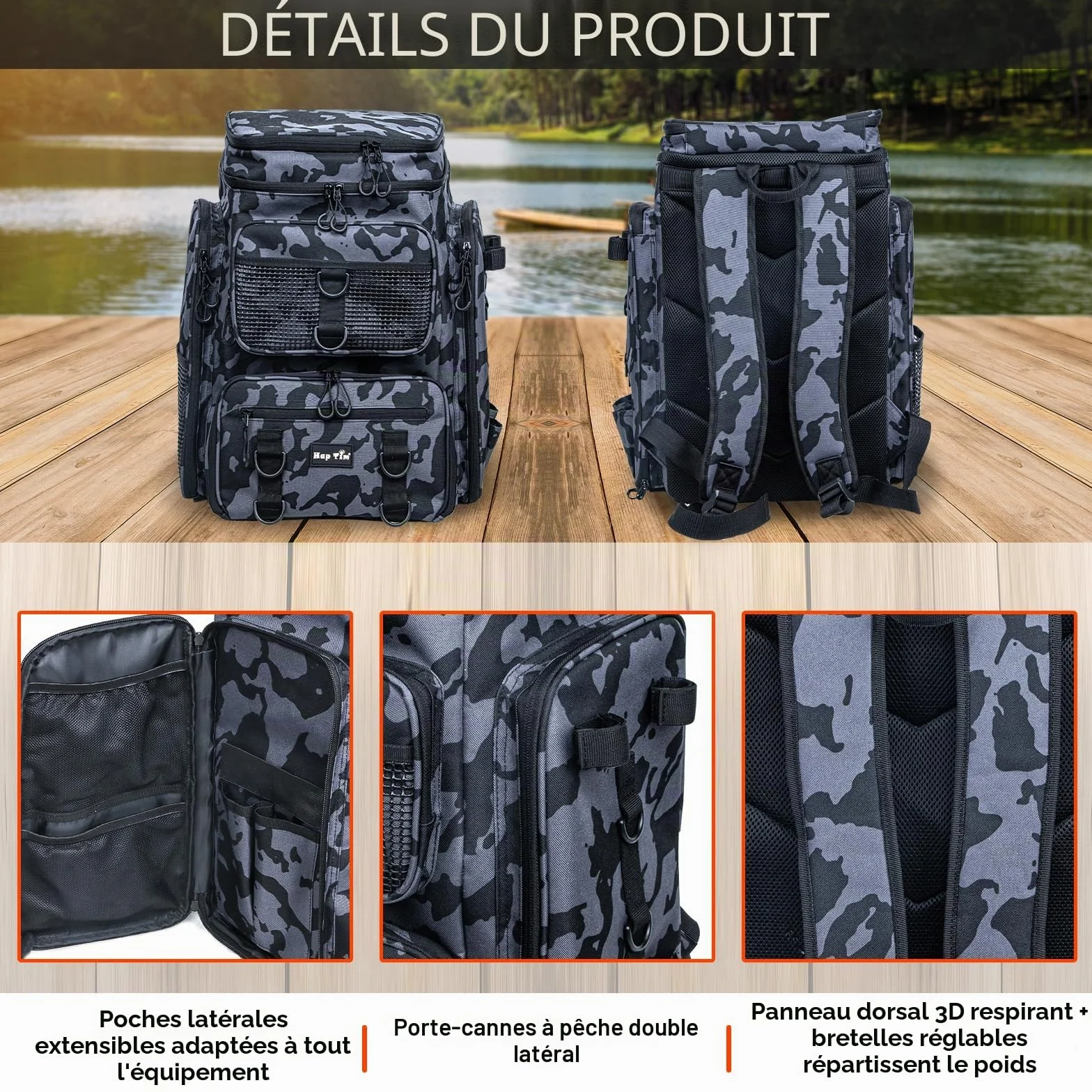 Hap Tim 42L Sac à Dos de Pêche avec 2 Barres, Sac de Pêche Multi-Poches, Séparateur Amovible