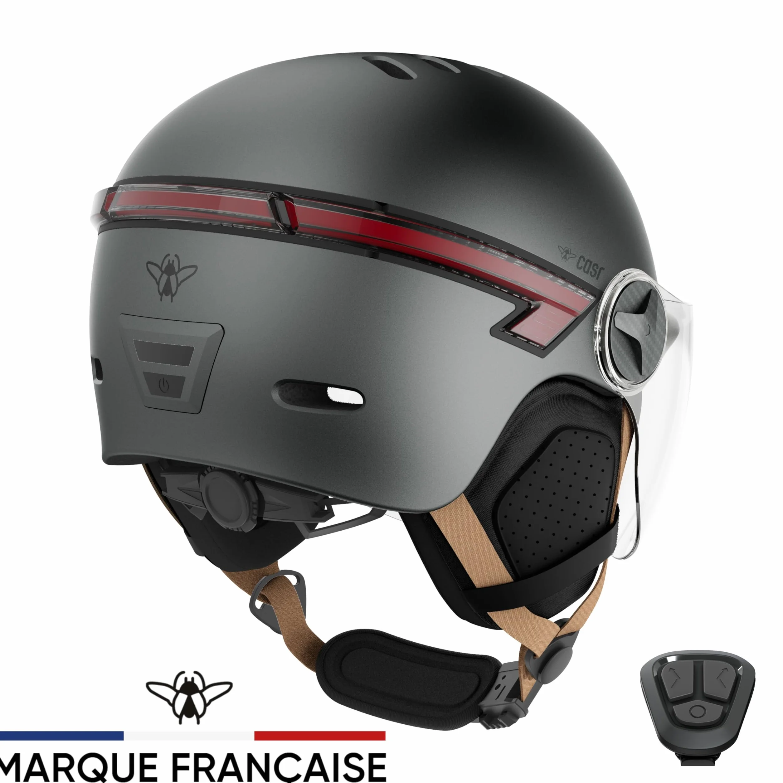 CASR Glow Casque LED Vélo Trottinette Visière XL Cache-Oreilles Amovibles Clignotants Télécommande Gris Taille L
