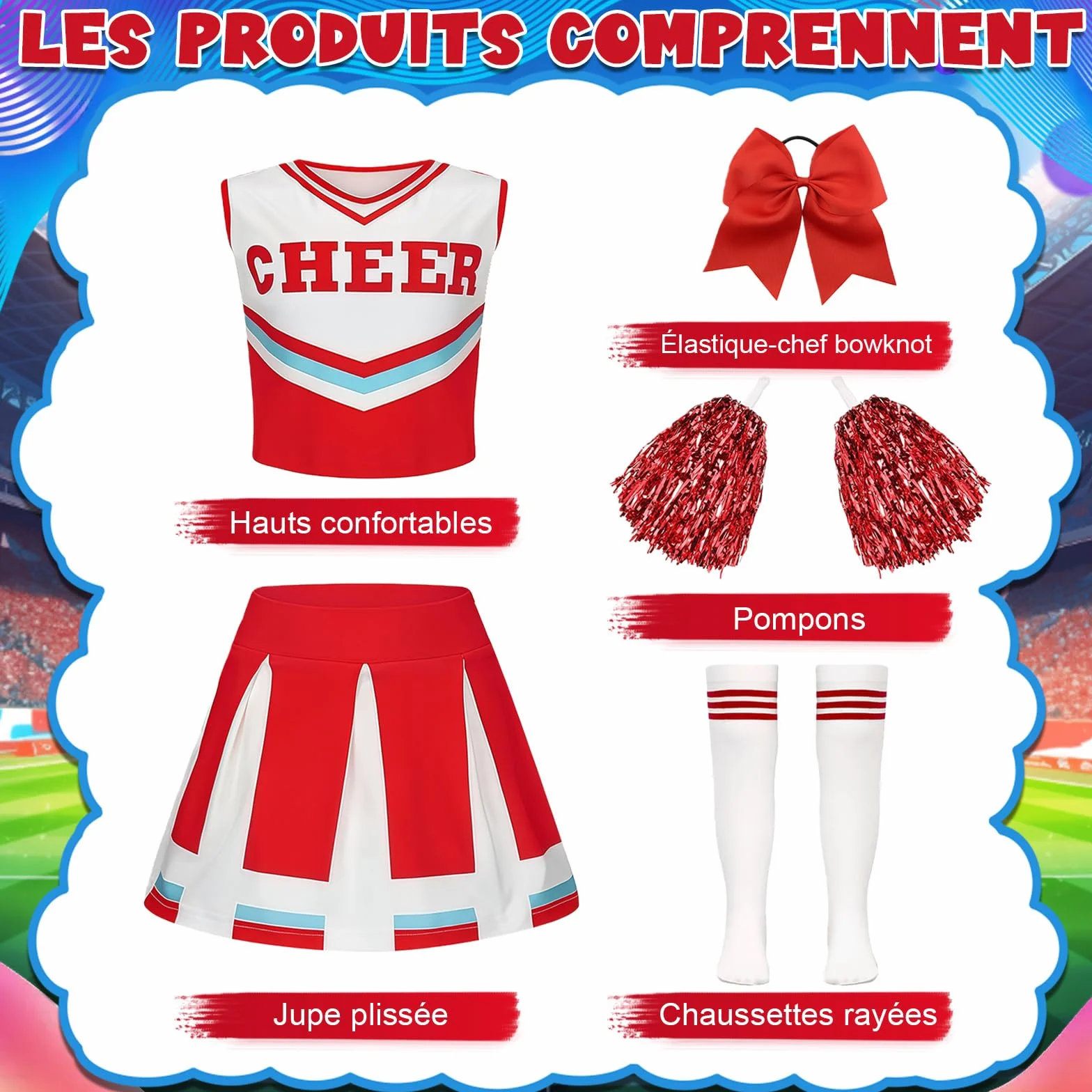 Luckyou Costume De Cheerleader Pompom Uniforme avec Pompoms Chaussettes Halloween Mascarade Carnaval