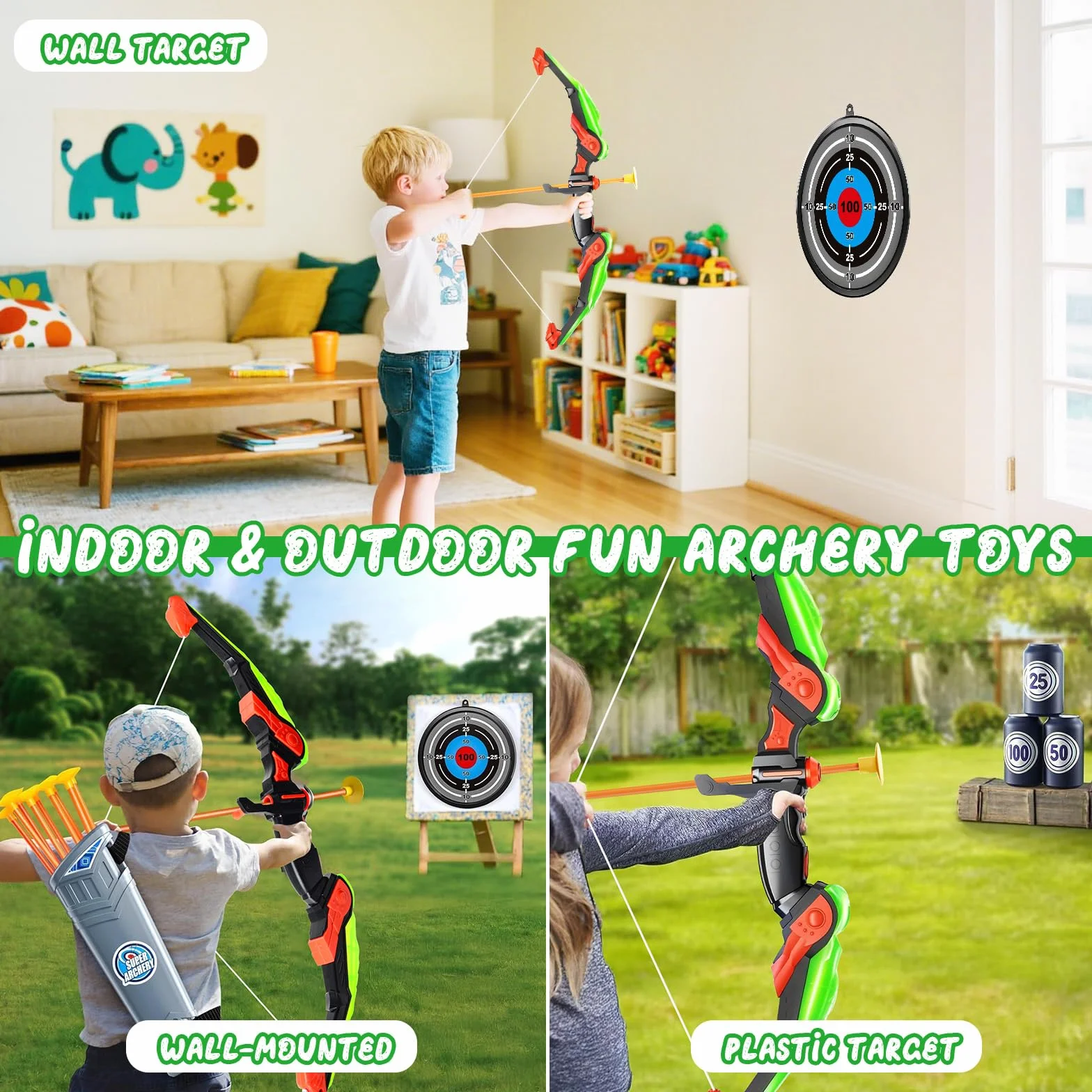 Arc et Flèche Enfants LED Lumineux avec Carquois 10 Flèches Ventouse Cibles Jouet Tir à l'Arc 3-12 Ans