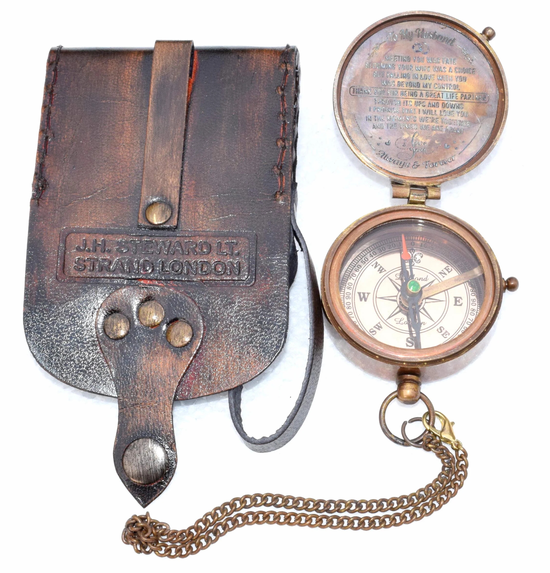 Boussole magnétique directionnelle vintage antique avec citation célèbre des Écritures gravées Cadeau de baptême étui en cuir ou bois