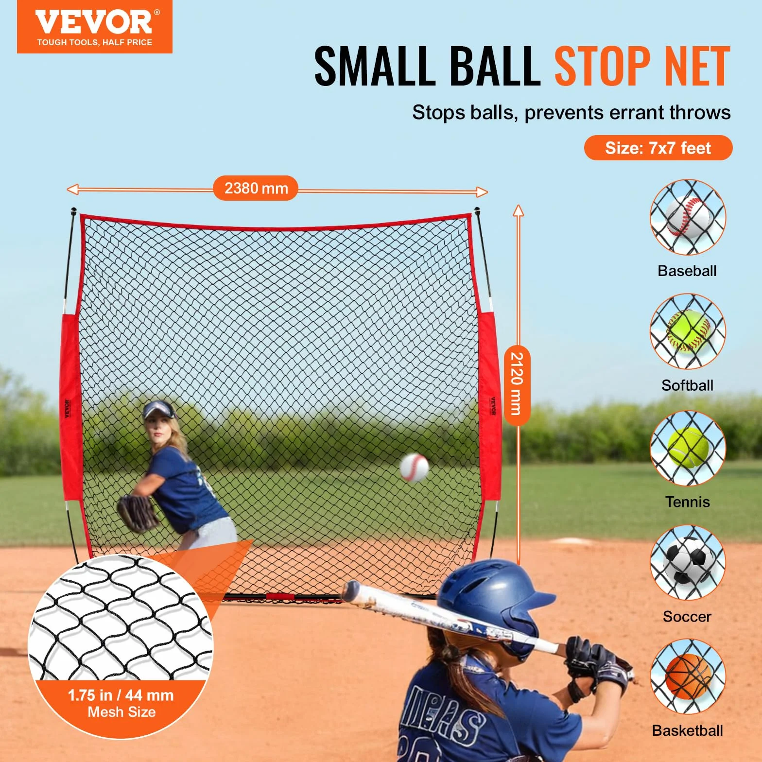 VEVOR Filet d'Entraînement Baseball Softball 238x212 cm, Filet de Protection Portable avec Sac de Transport, Équipement pour Receveur Crosse Football Hockey Jardin