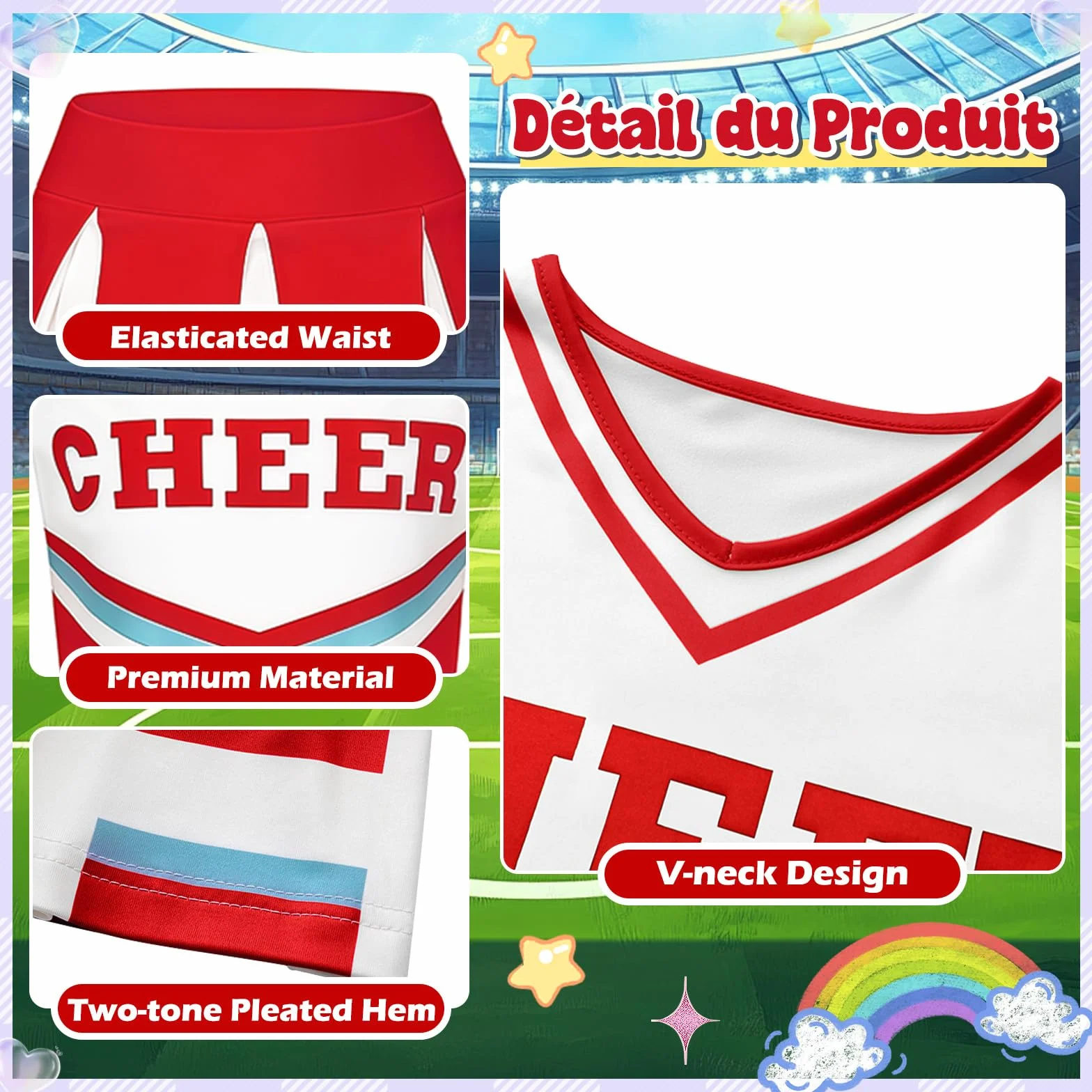 Luckyou Costume De Cheerleader Pompom Uniforme avec Pompoms Chaussettes Halloween Mascarade Carnaval