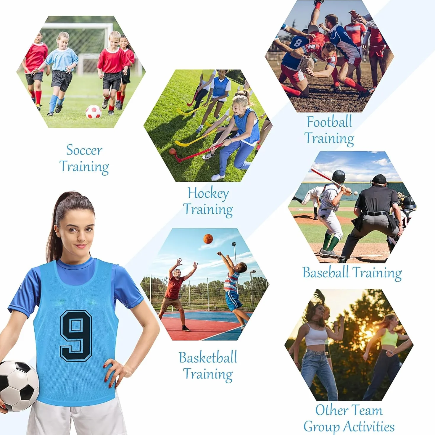 Lot de 24 chasubles d'entraînement en maille nylon réversibles numérotées pour adultes basket-ball football soccer