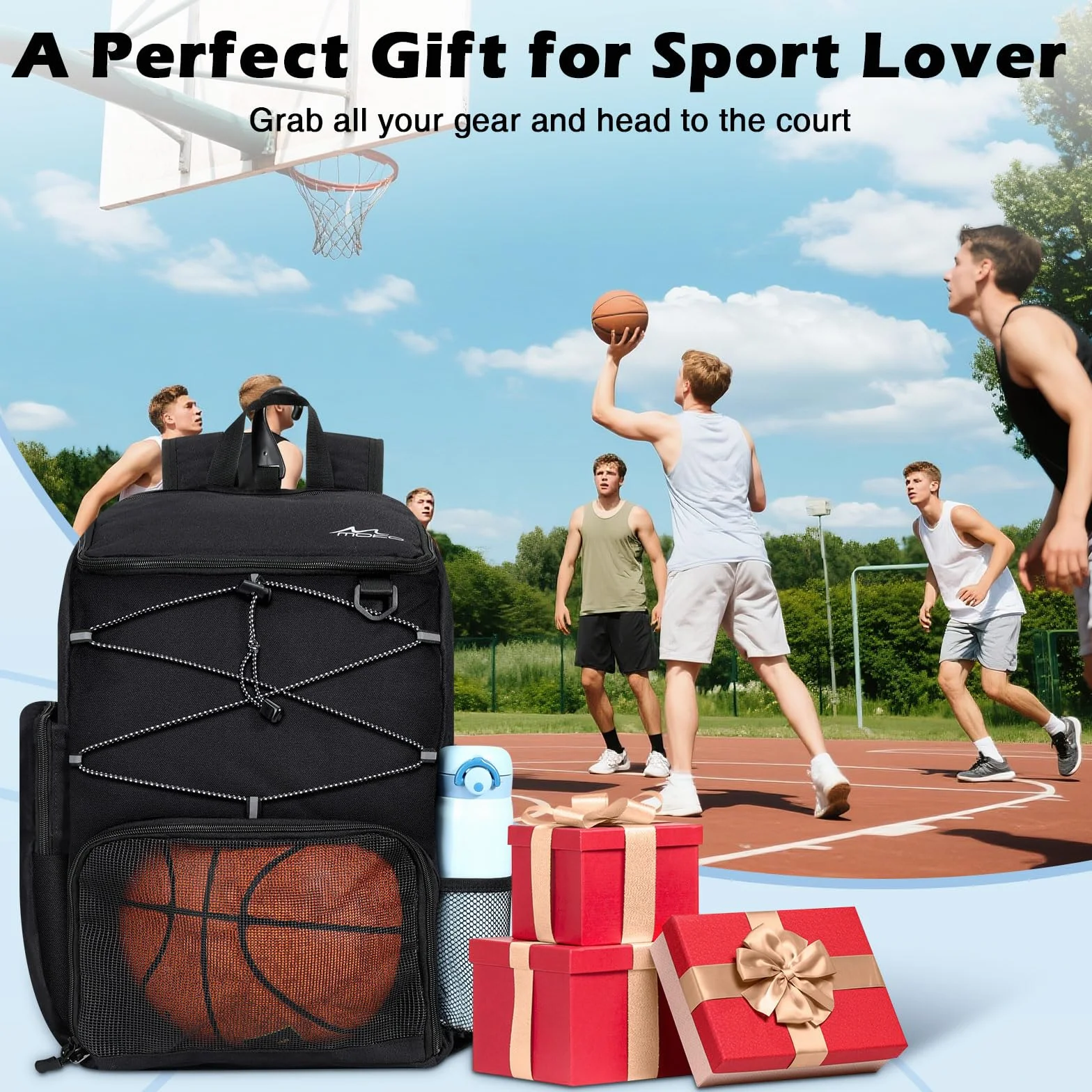 MoKo Sac de basket-ball avec sac à chaussures respirant, plusieurs poches et crochet de clôture caché