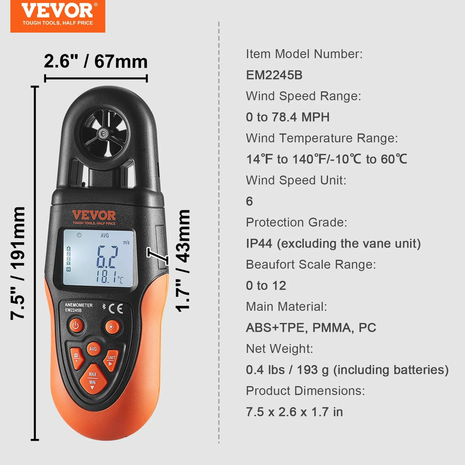 VEVOR Anémomètre Portable -10°C à 60°C Mesure Vitesse du Vent Numérique avec Écran Rétroéclairé LED