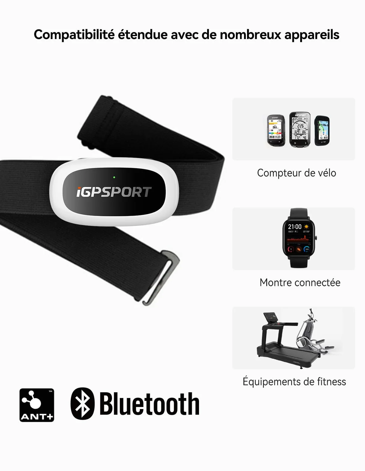 iGPSPORT HR50 Cardiofrequencemetre IPX7 Bluetooth Ant+ Ceinture Cardio Cyclisme Course Yoga