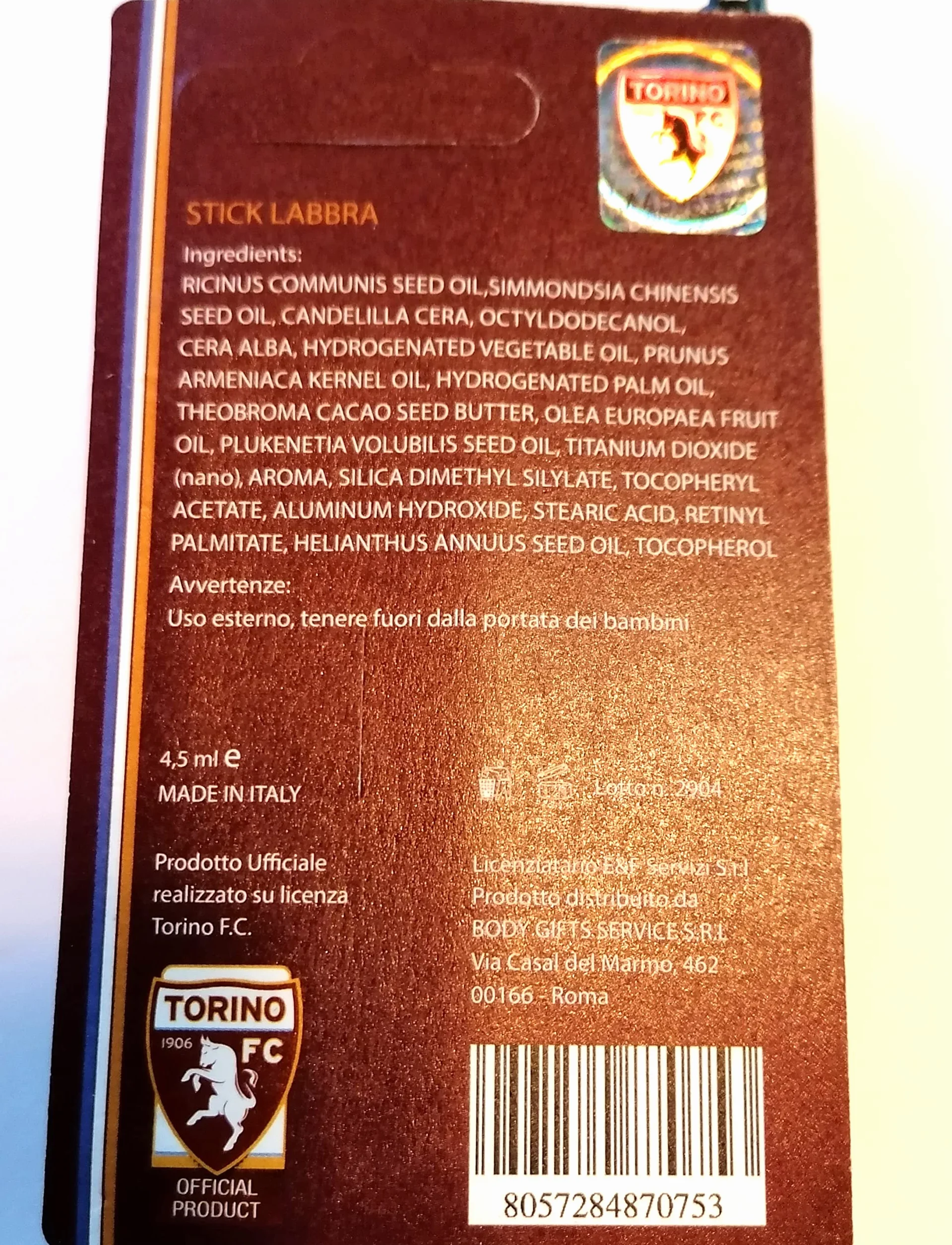 Stick Labbra BURROCACAO Torin FC officiel Toro Grenat 2 pièces