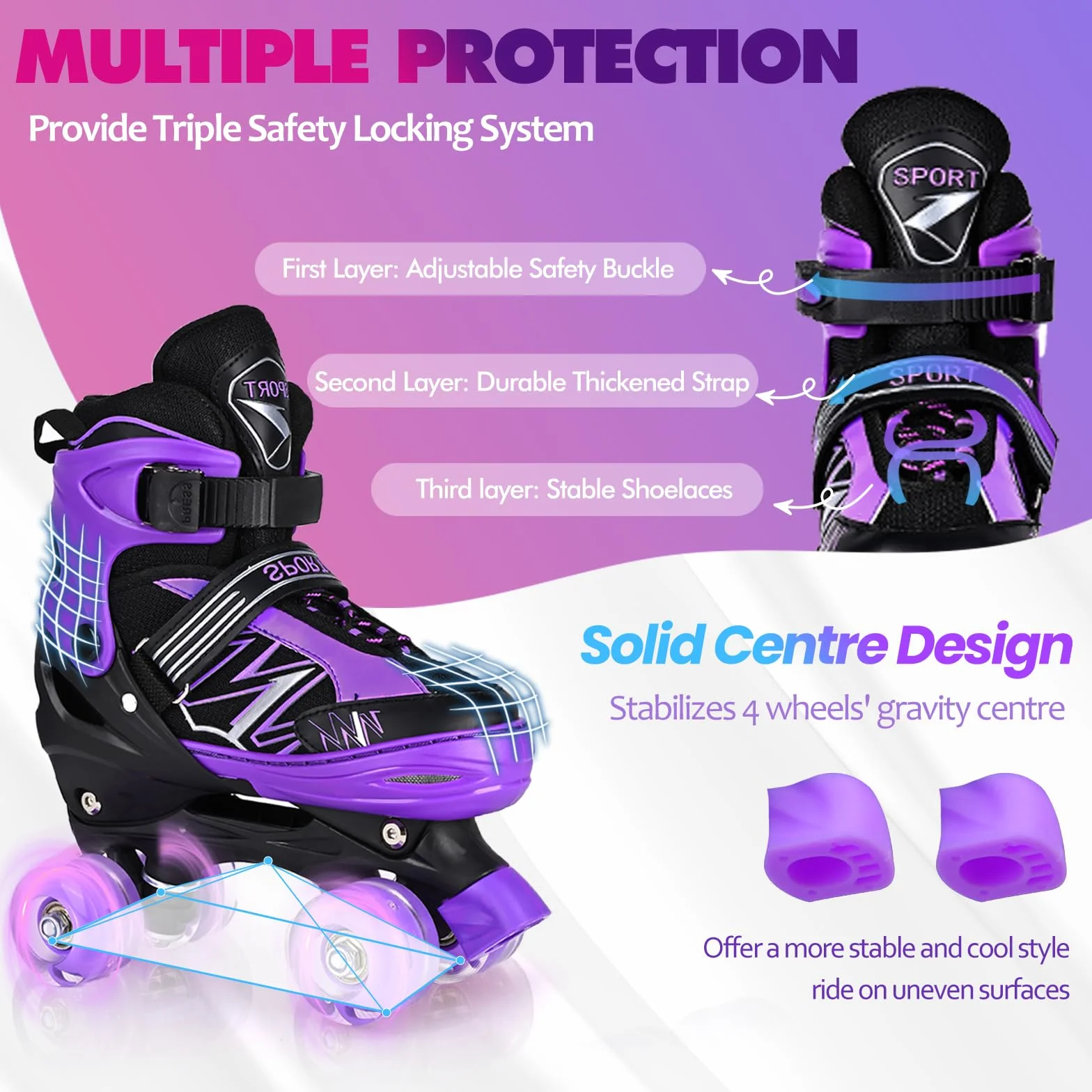 Patins à roulettes Enfants 4 Tailles réglables Roues Lumineuses Violet Blanc Quad Sport