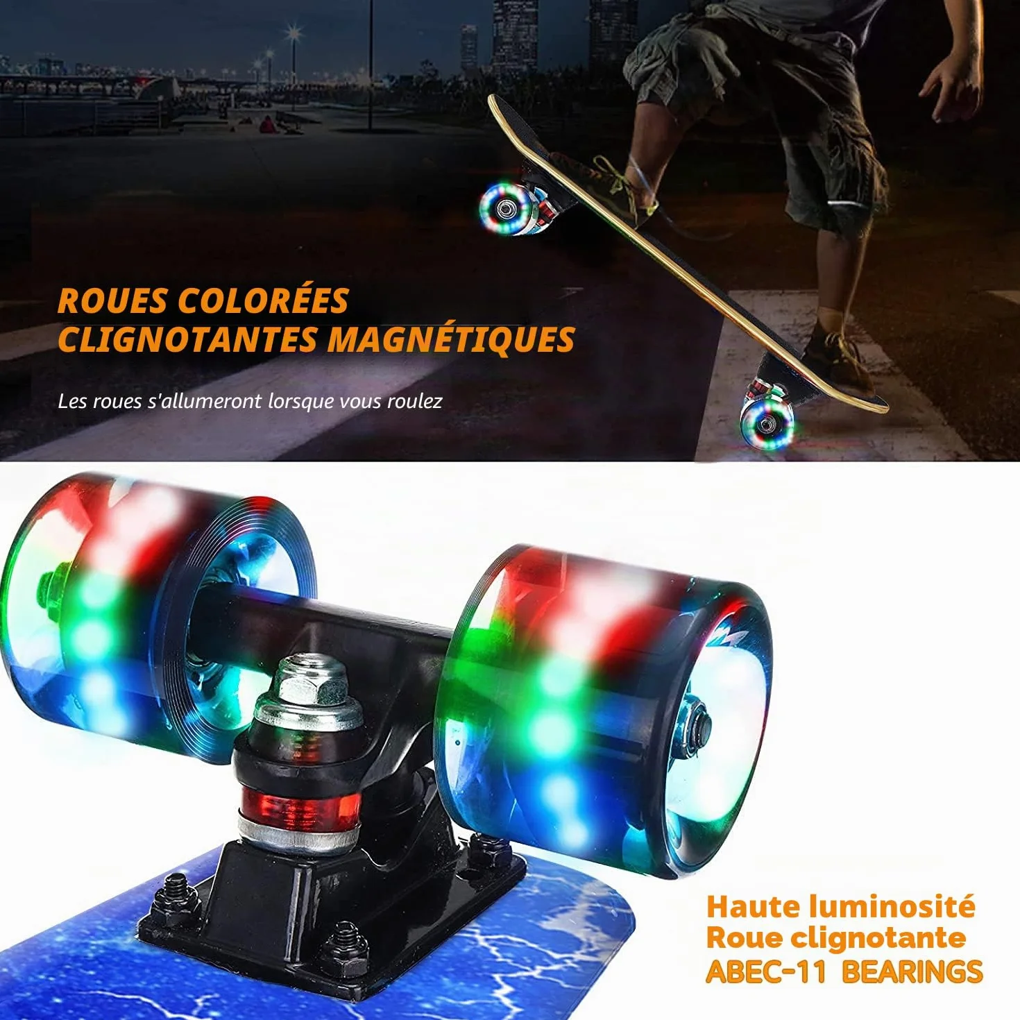 Planche à roulettes standard 9 couches érable canadien concave avec roues clignotantes colorées