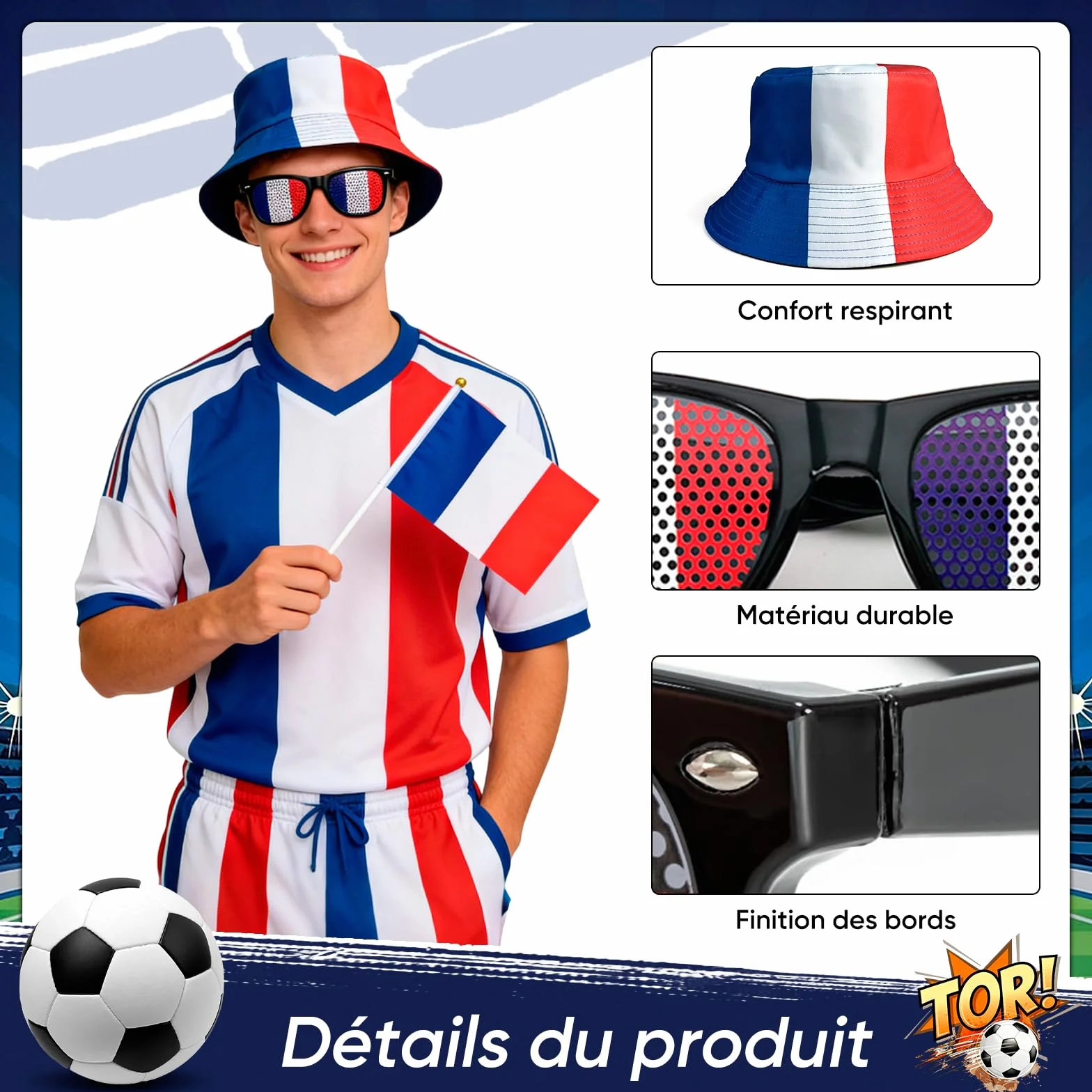 Kit Supporter France Football 6 Pièces Chapeau Pêcheur Polyester Lunettes Drapeau Pavillons Main Bracelet Tricolore