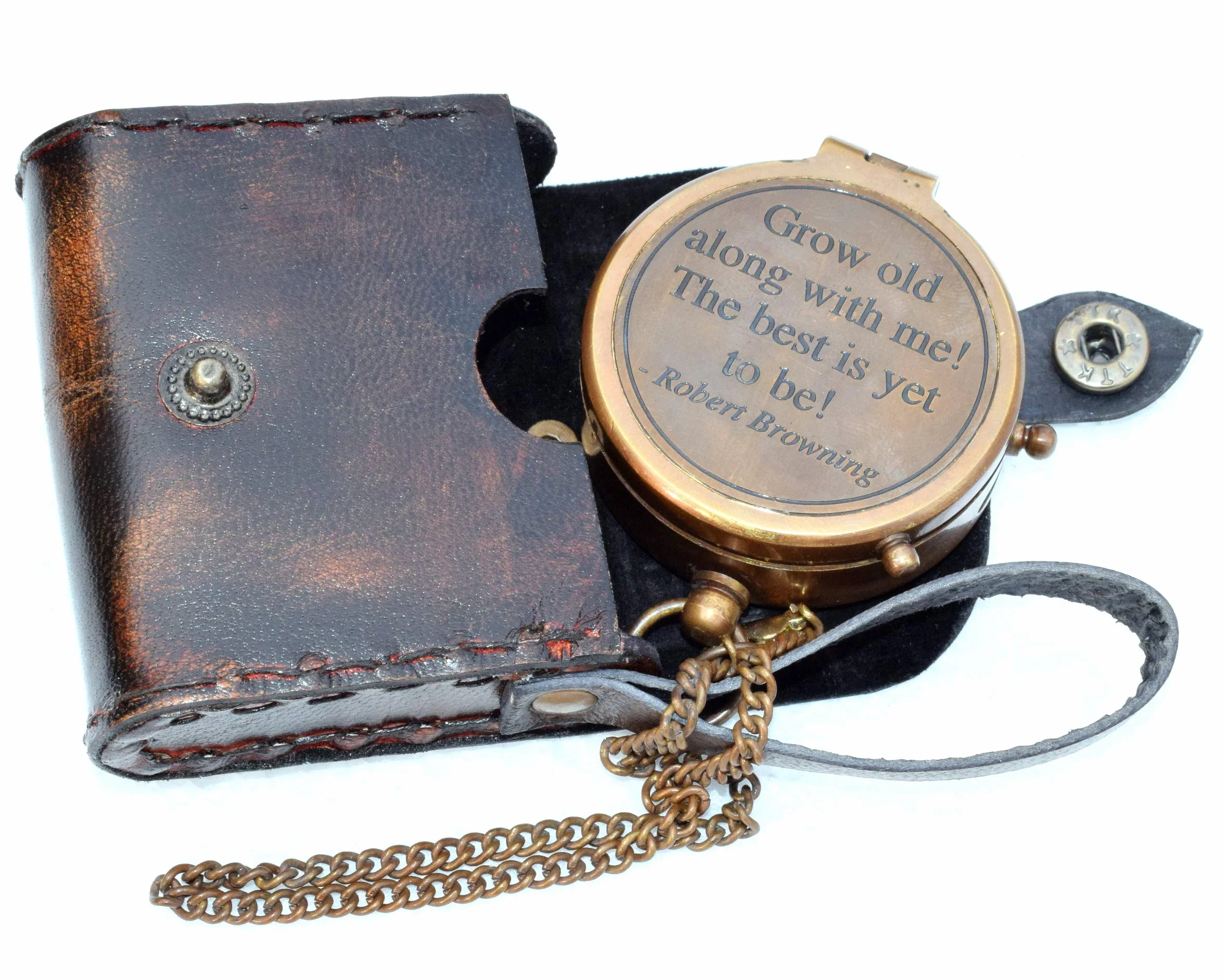 Boussole magnétique directionnelle vintage antique avec citation célèbre des Écritures gravées Cadeau de baptême étui en cuir ou bois