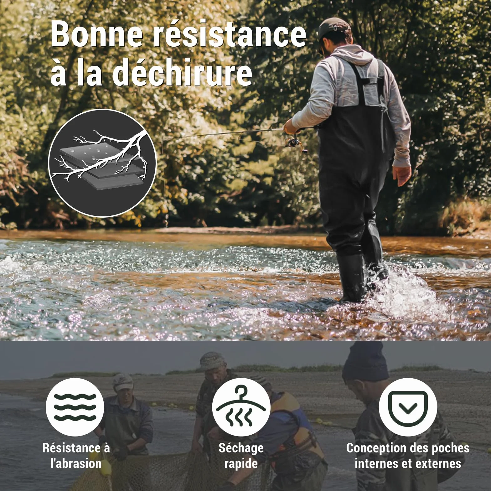 IEEILULU Waders Pêche Homme Pantalons avec Poche Poitrine Nylon Bottes 40-47 Antidérapants