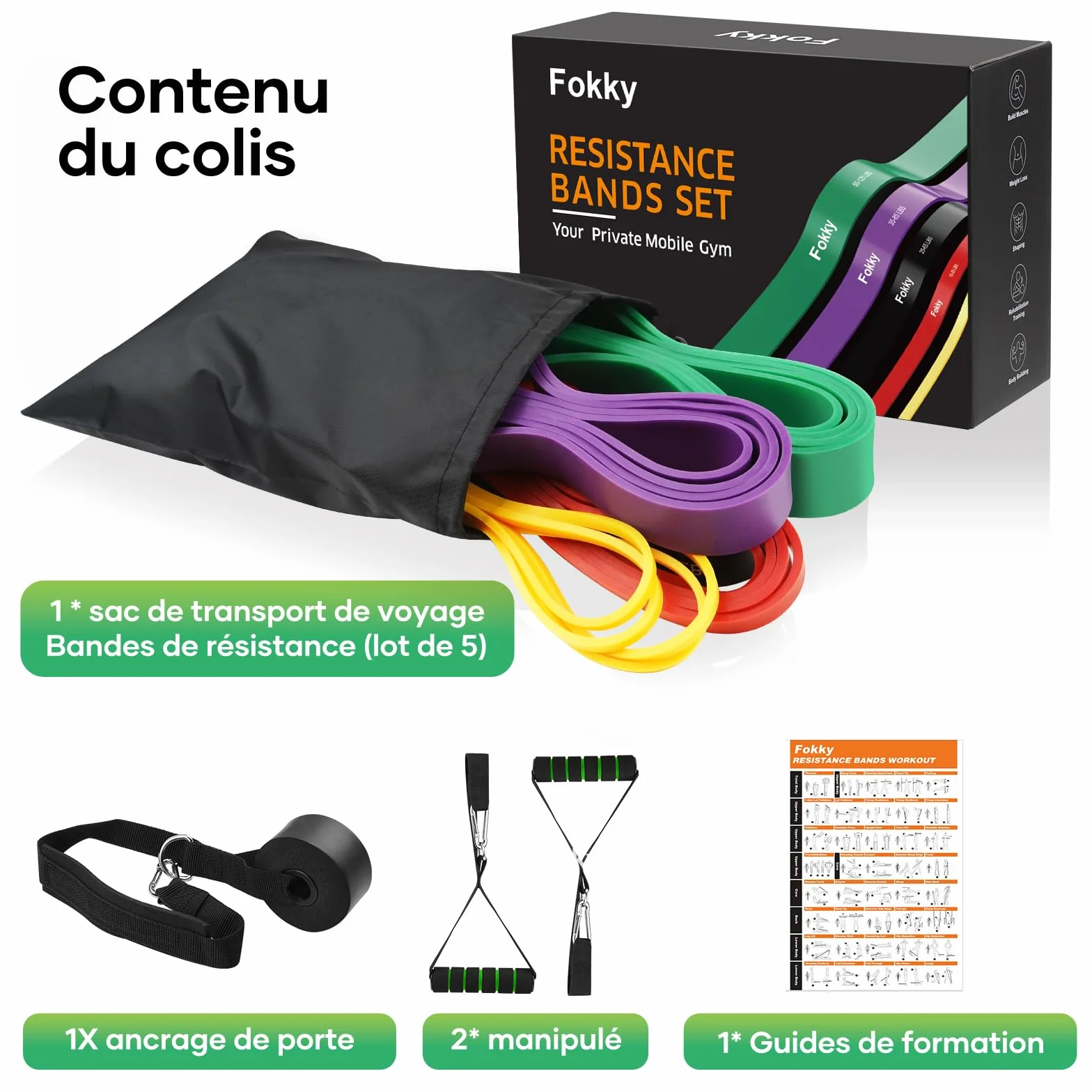 Fokky Bande Élastique Musculation 5 Niveaux avec Poignées, Ancrage de Porte, Sac