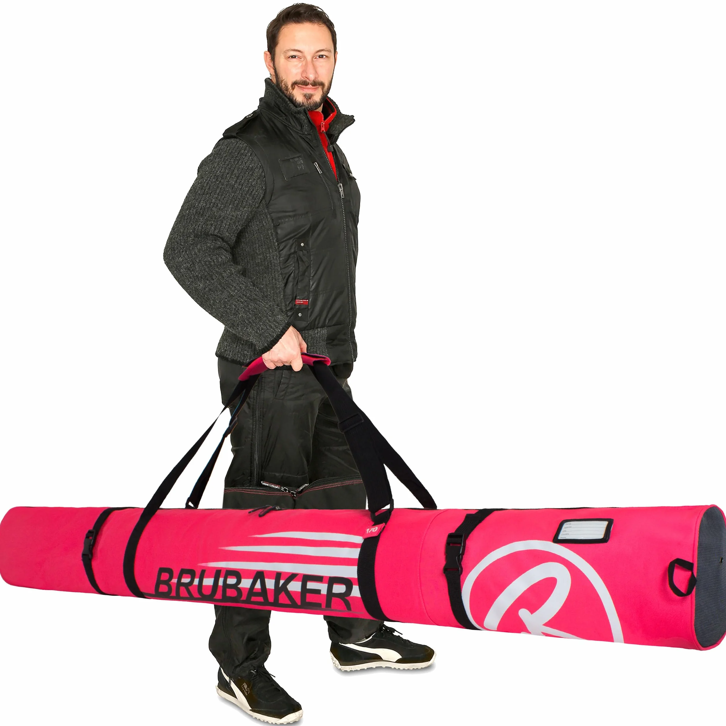 BRUBAKER Set de Ski Champion 170 cm Fuchsia Fluo Blanc Housse à Skis et Sac à Chaussures