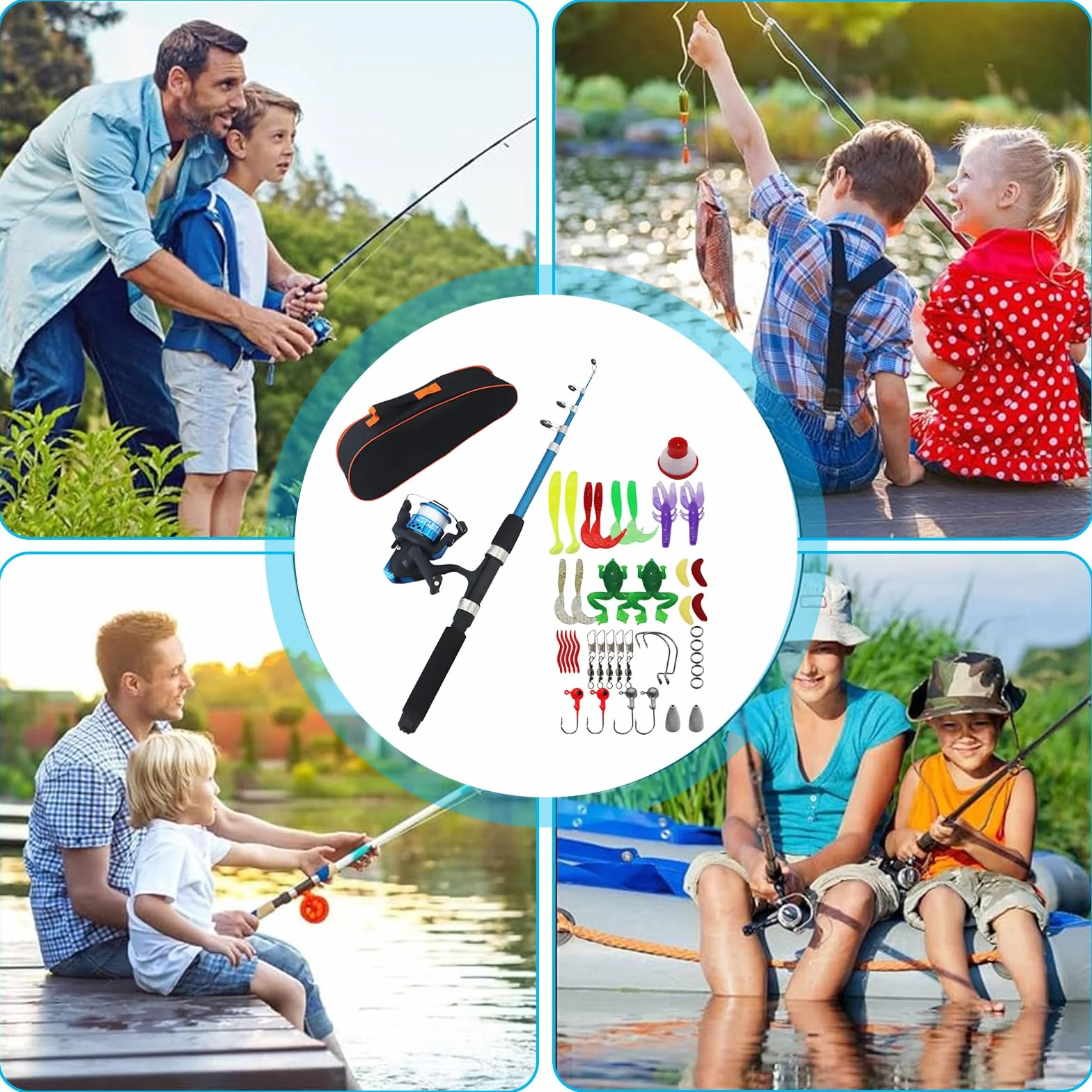 Canne à Pêche Enfant 1,5 m Kit Complet avec Moulinet Boîte d’Appâts Télescopique et Sac