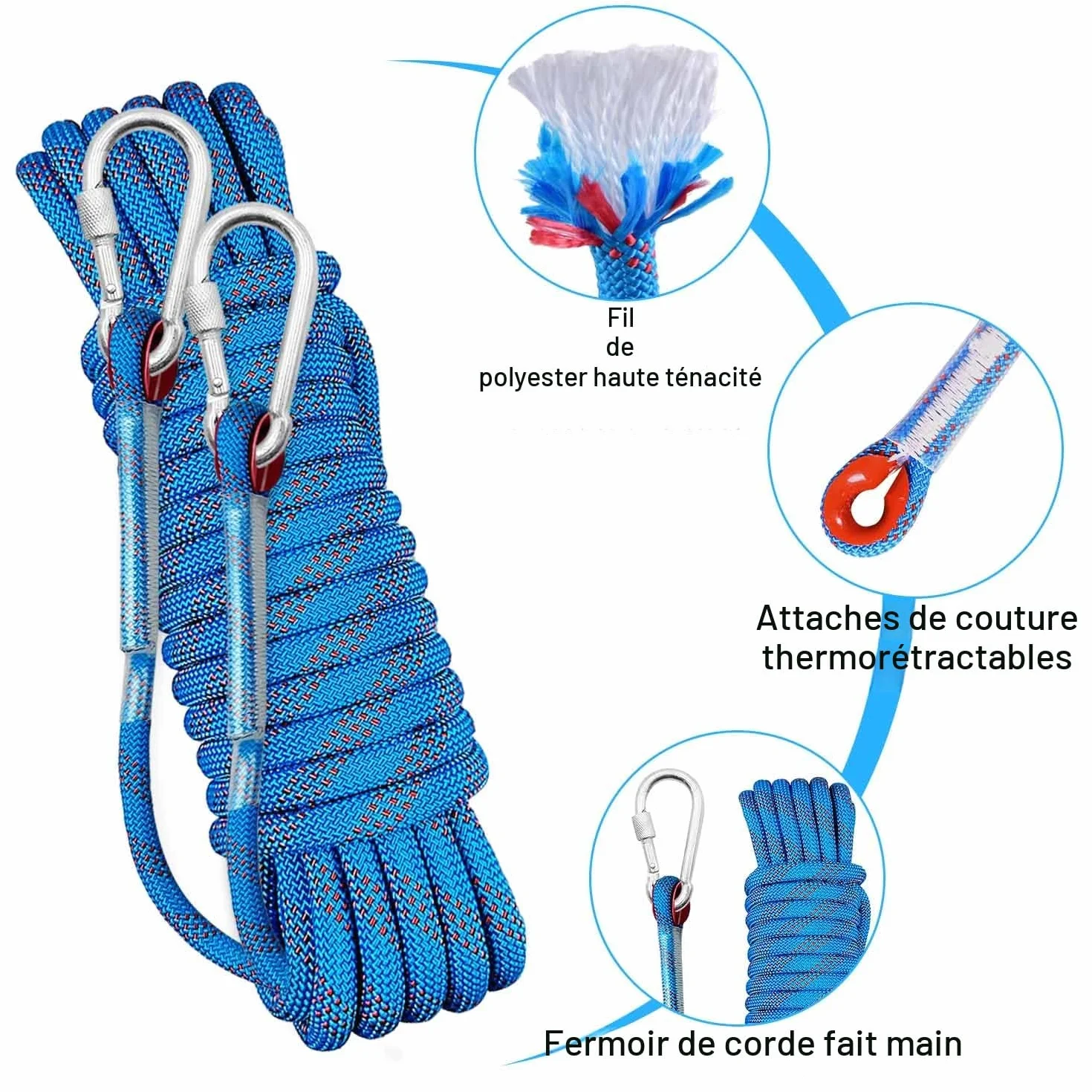 Corde Escalade 10m 10mm avec 2 Mousquetons pour Descente en Rappel Sport Sauvetage
