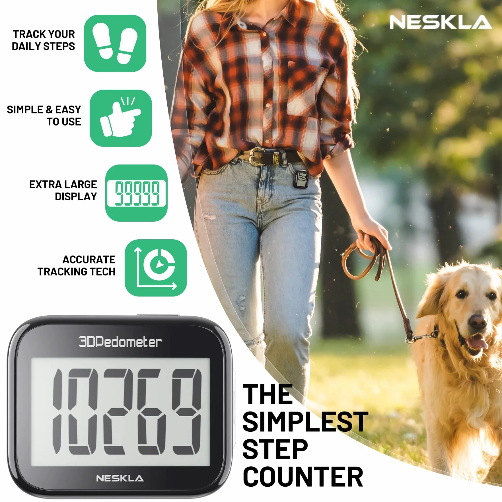 NESKLA Podomètre 3D Grand Affichage Numérique Tracker de Pas Sangle Clip Amovible