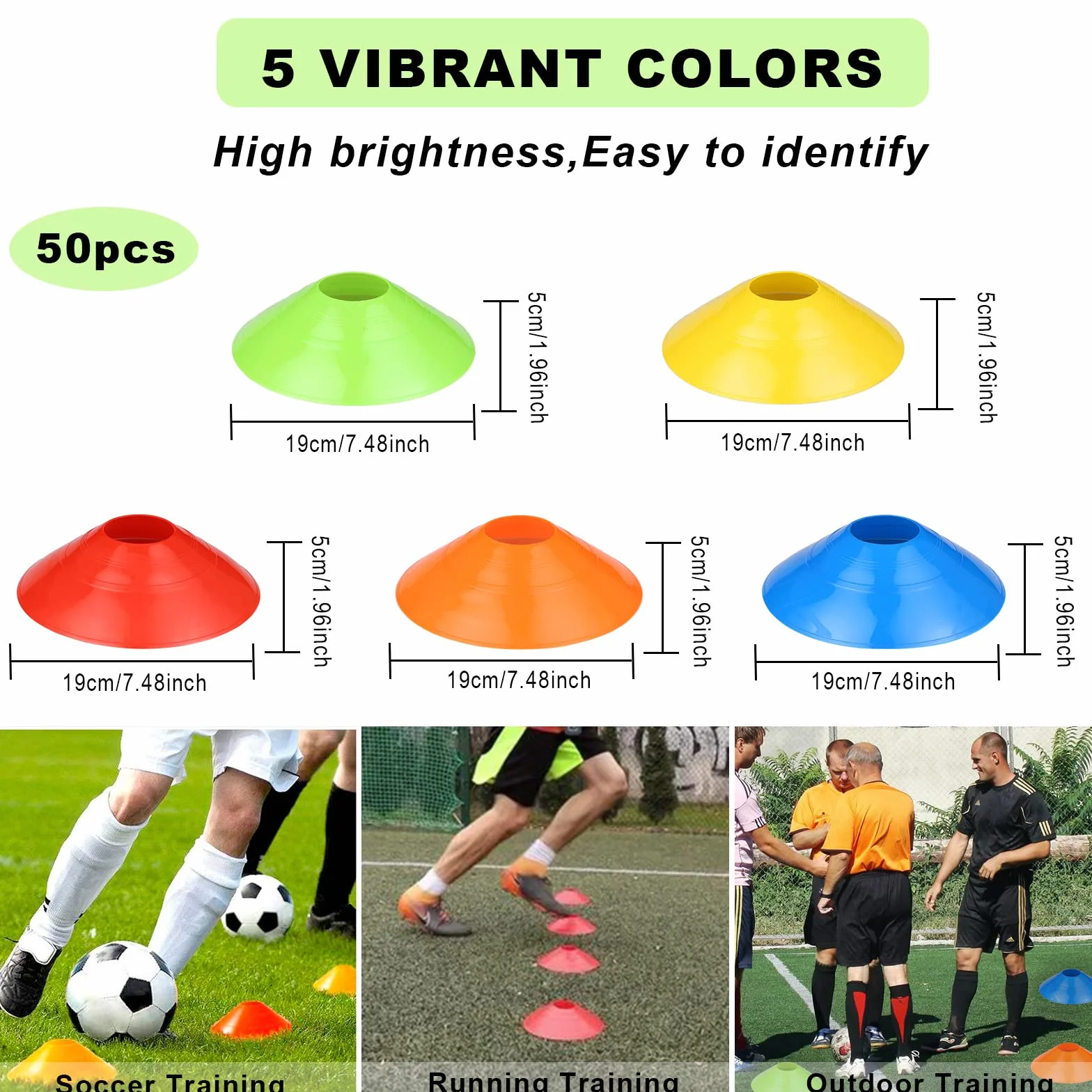 Plots Entrainement Football Cône Marquage 50 Pcs avec Sangle Boucle Fixe Poche Filet 5 Couleurs