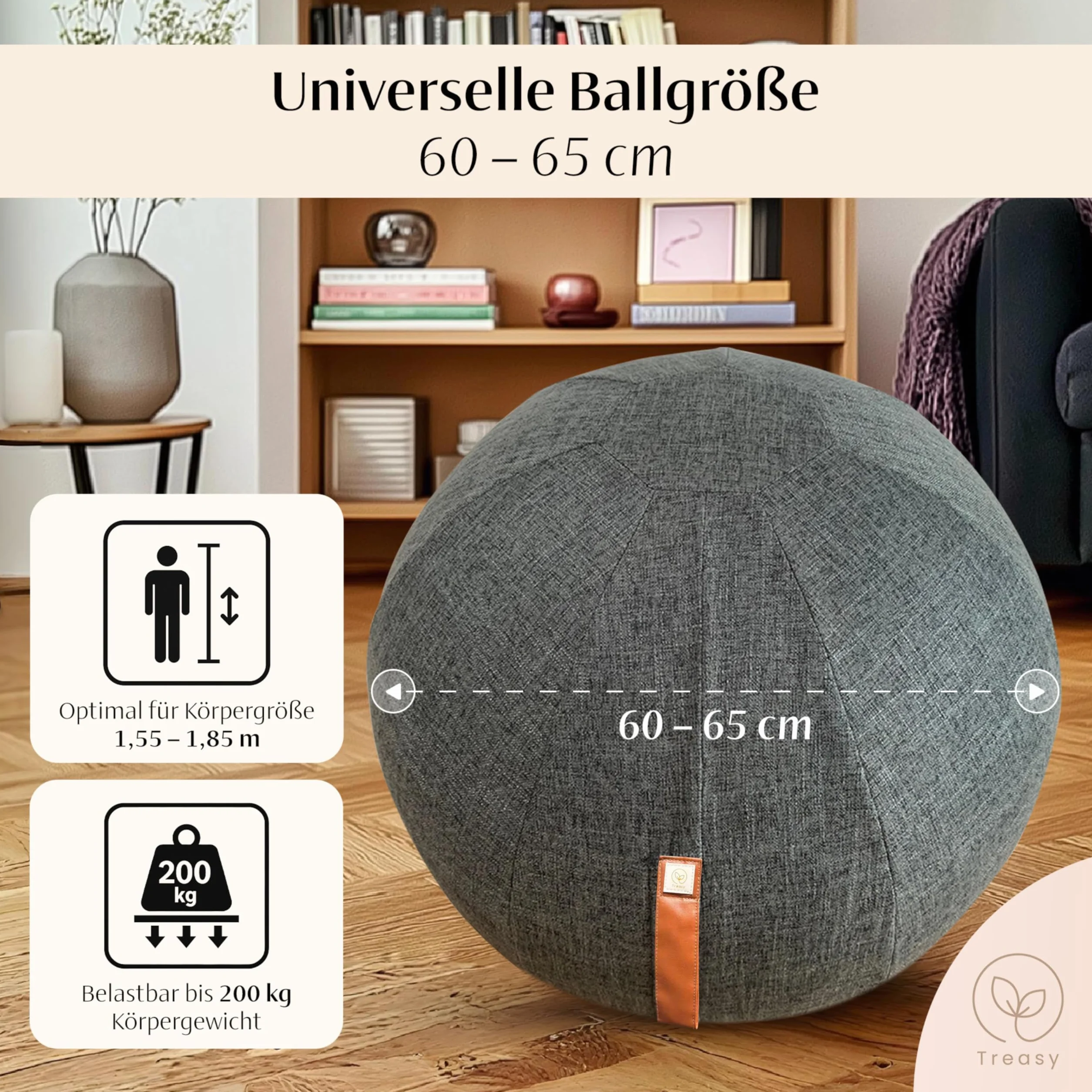 Ballon de siège Treasy 60-65 cm avec housse, ballon d'exercice ergonomique, fitness avec poignée