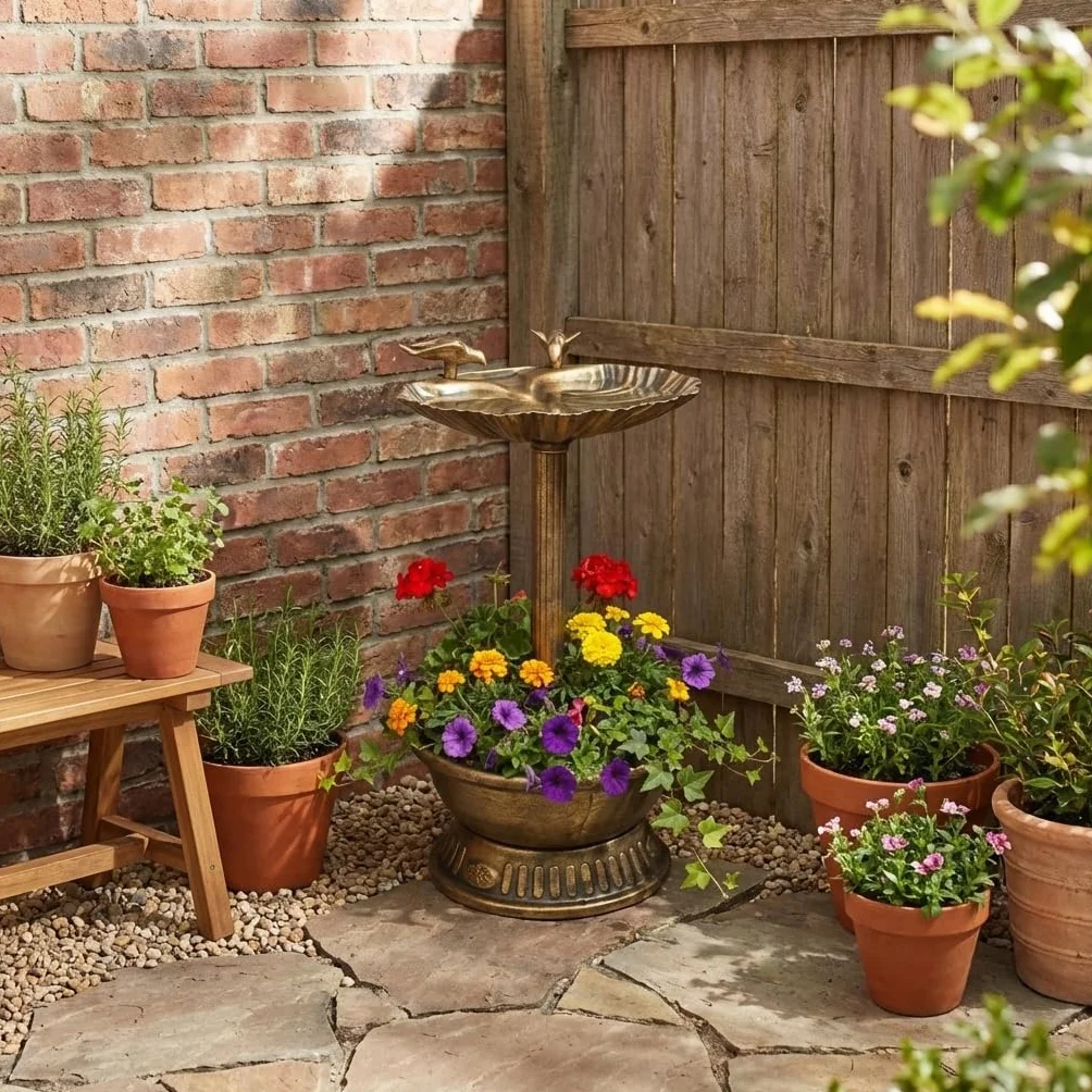 Gardenkraft Bain pour Oiseaux Coquille de palourde avec Base jardinière Bronze
