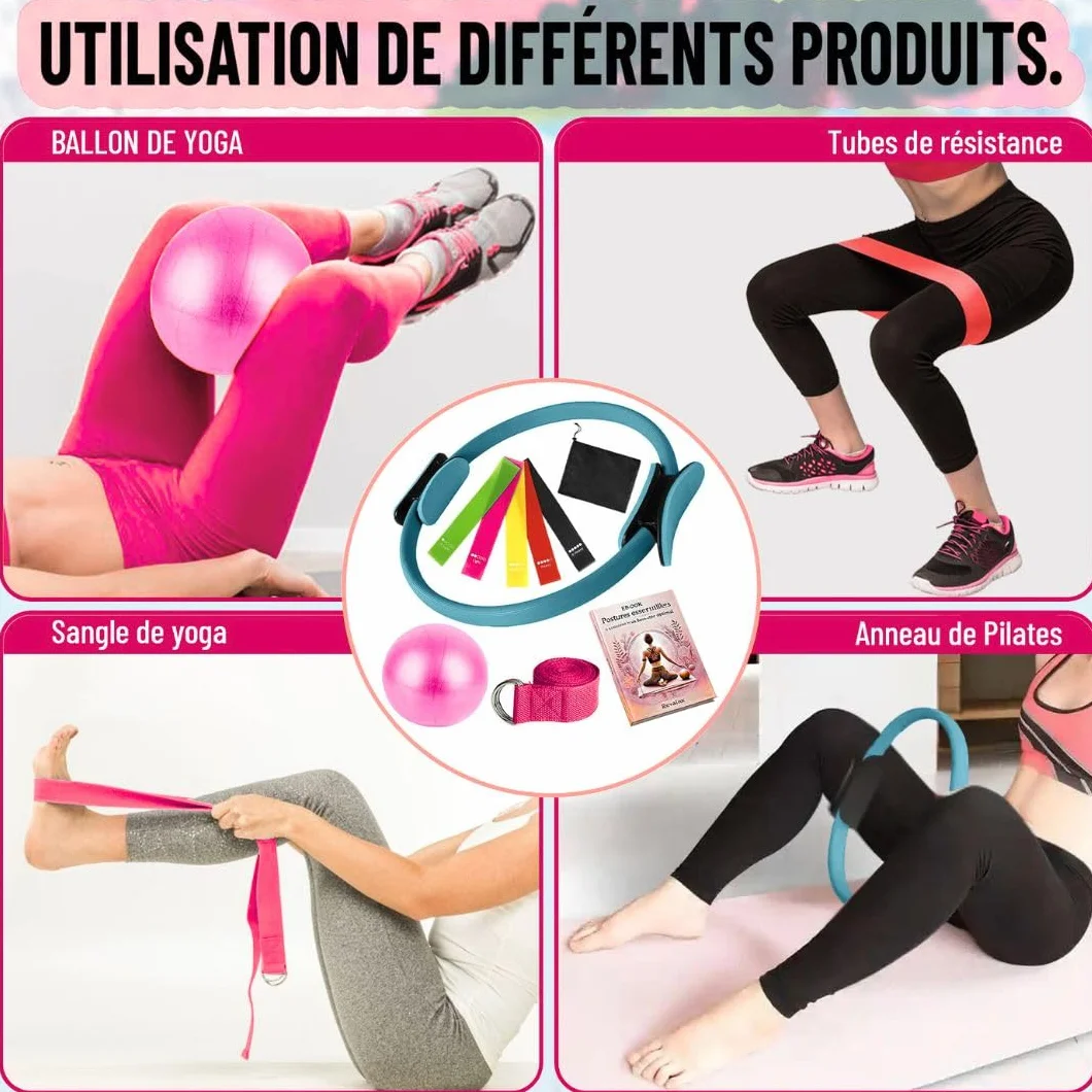 Kit Pilates Maison 8pcs, Anneau de Pilates, Ballon de Yoga, Bandes de Résistance, Sangle, Accessoires Pilates