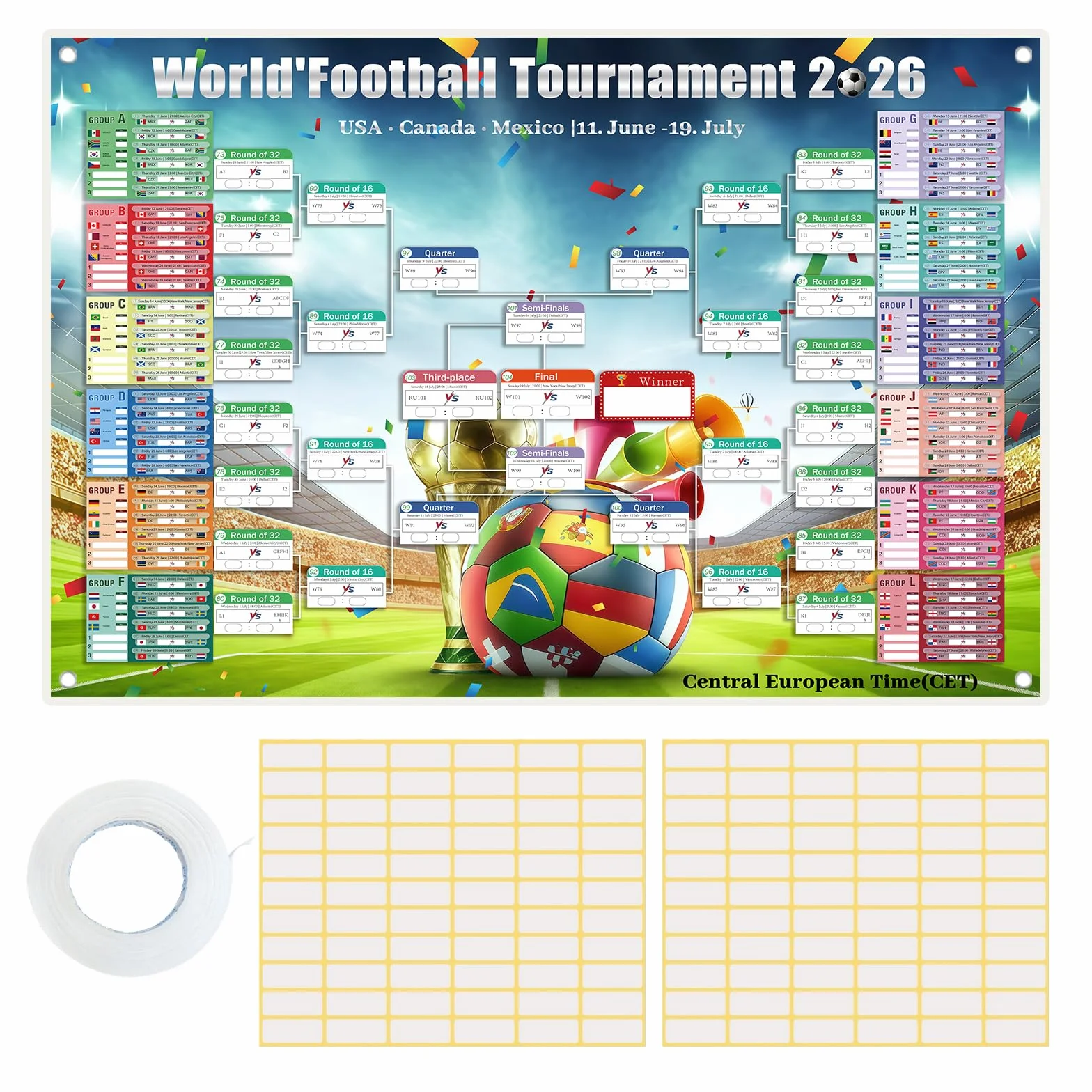 Calendrier Coupe Monde Football 2026 100cm x 150cm 104 Matchs