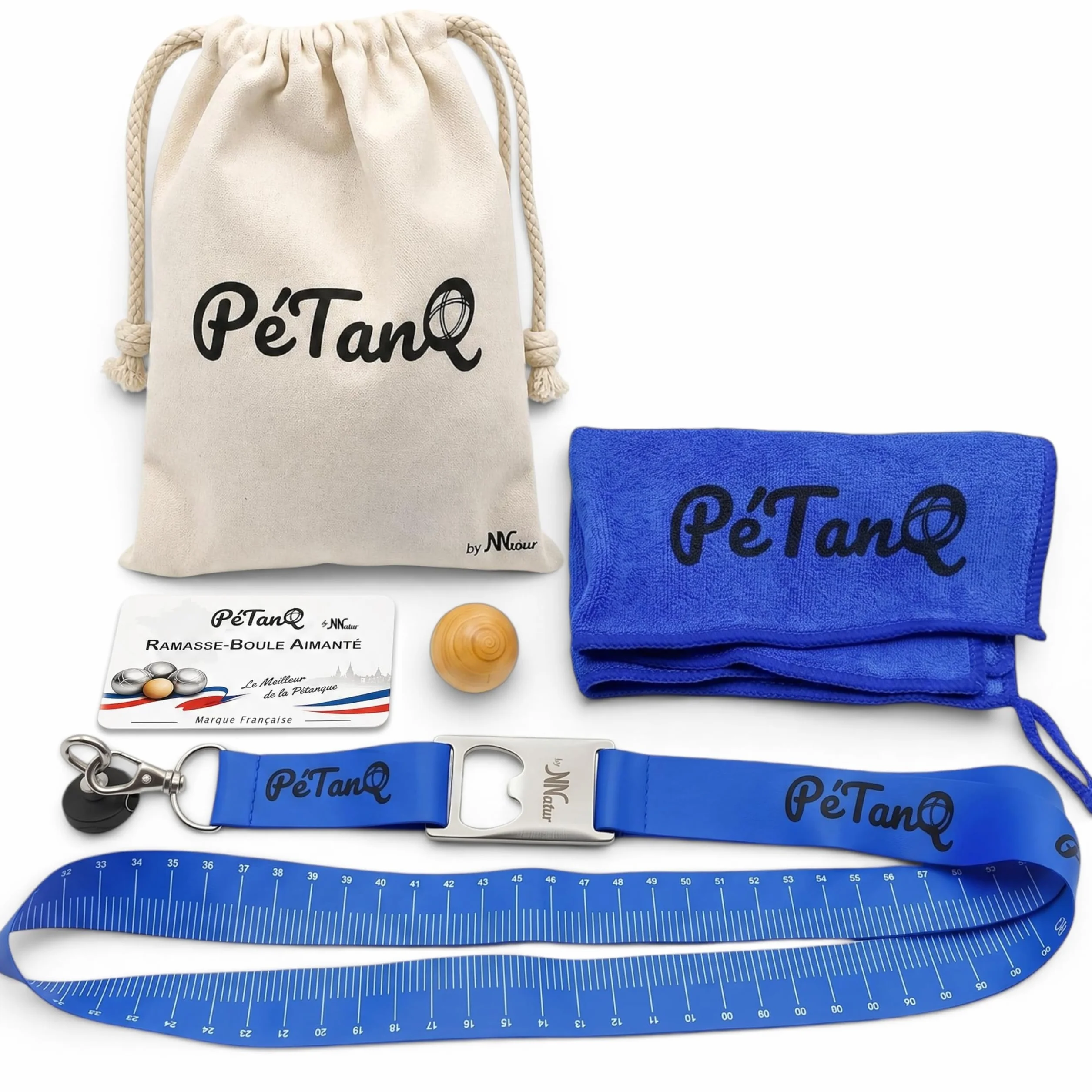 Kit Ramasse Boules de Pétanque Aimanté avec Décapsuleur & Mètre Intégré, Cochonnet Buis, Chiffon, Sac de Transport