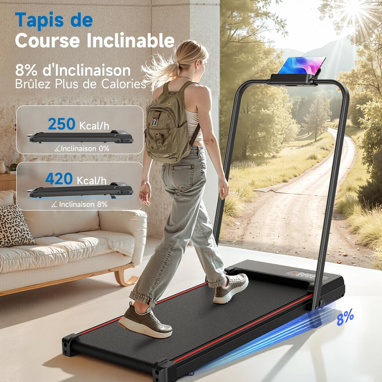 Tapis de Course Pliable avec Pente Réglable 7% – Tapis Roulant Électrique Silencieux 8 km/h, Moteur 2,5HP, Surface Large 40cm, Charge 130kg